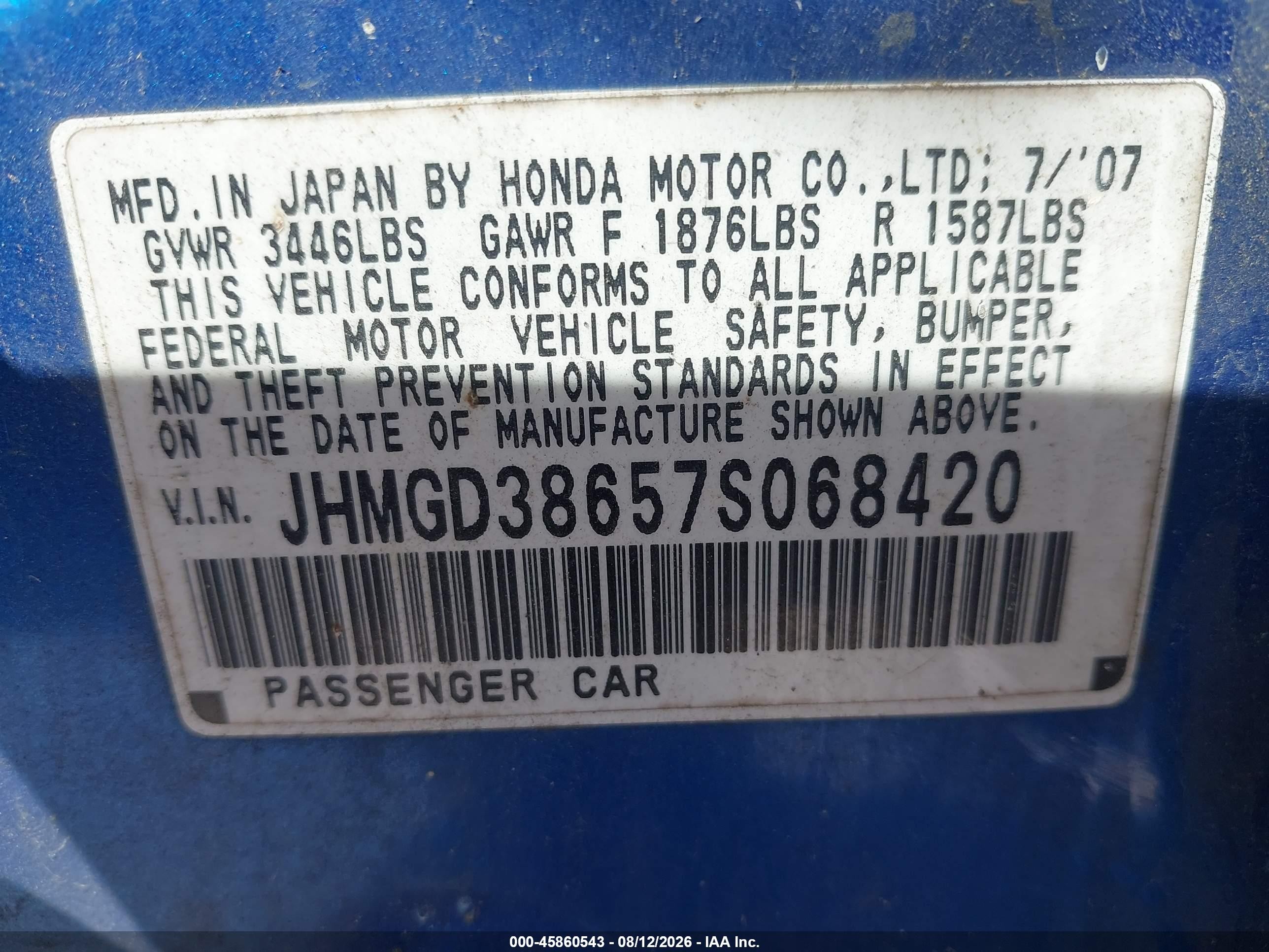 2007 Honda Fit Sport Blue vin: JHMGD38657S068420