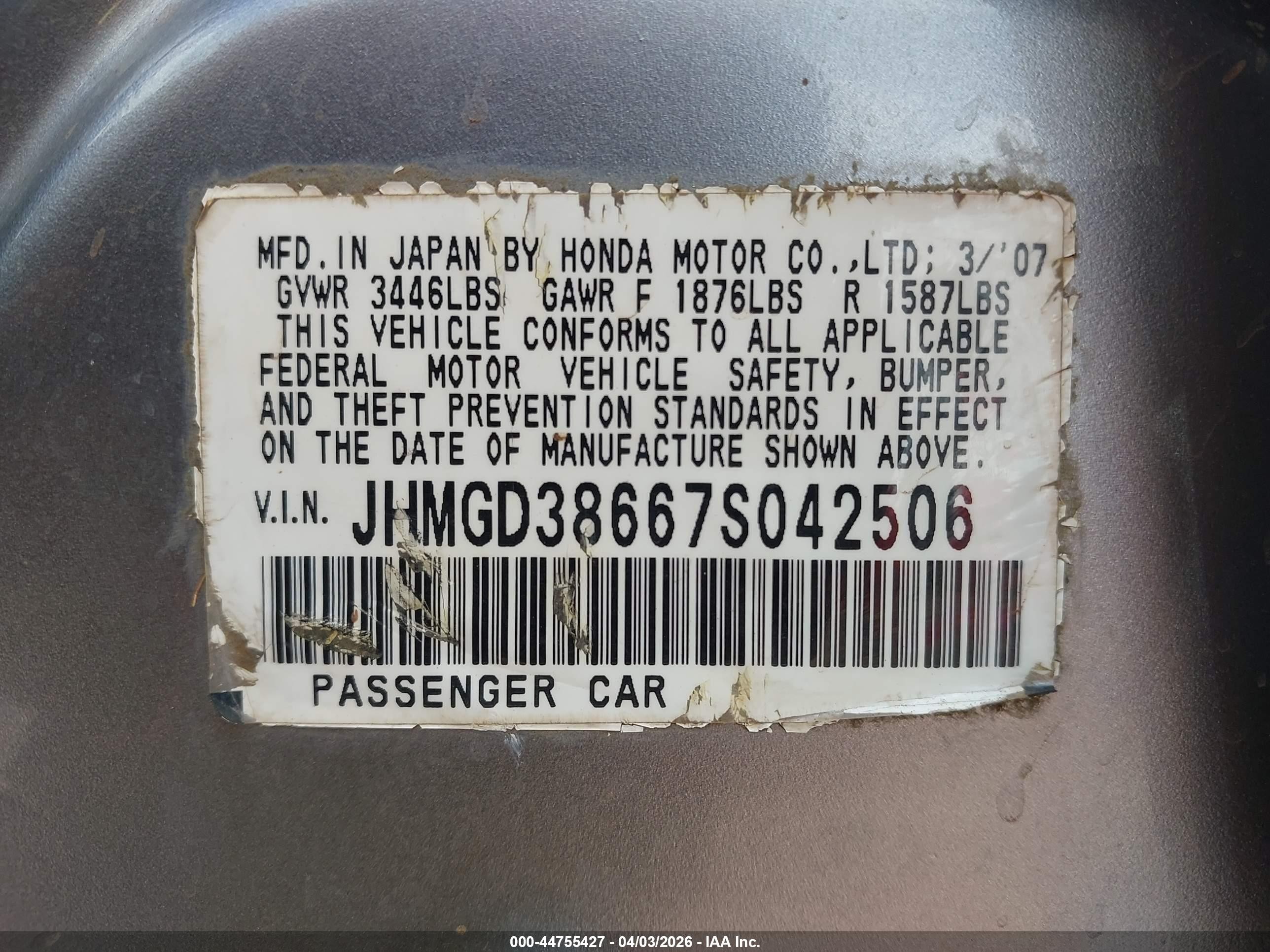 2007 Honda Fit Sport Gray vin: JHMGD38667S042506