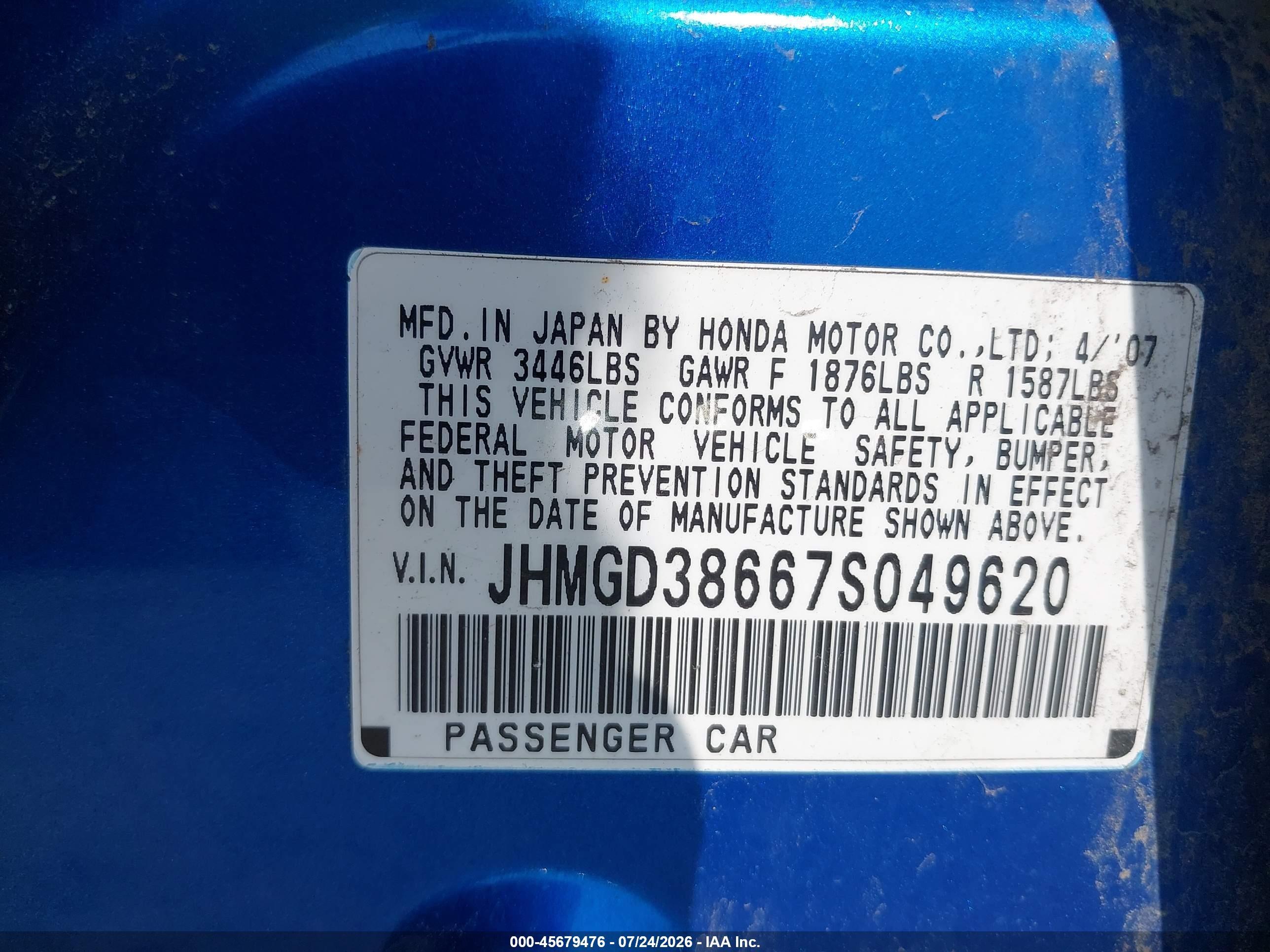 2007 Honda Fit Sport Blue vin: JHMGD38667S049620