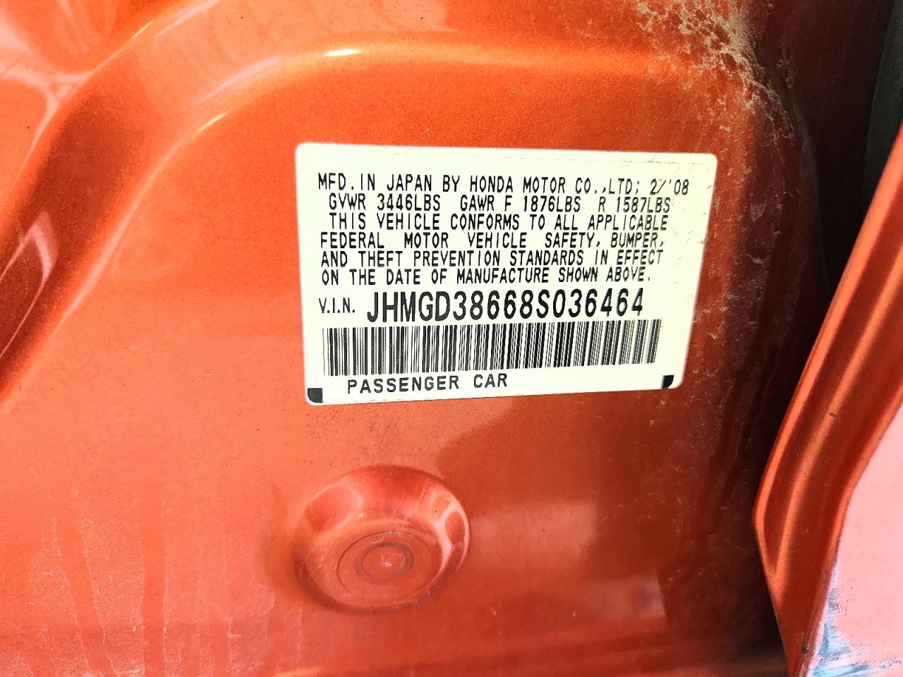 2008 Honda Fit Sport Orange vin: JHMGD38668S036464