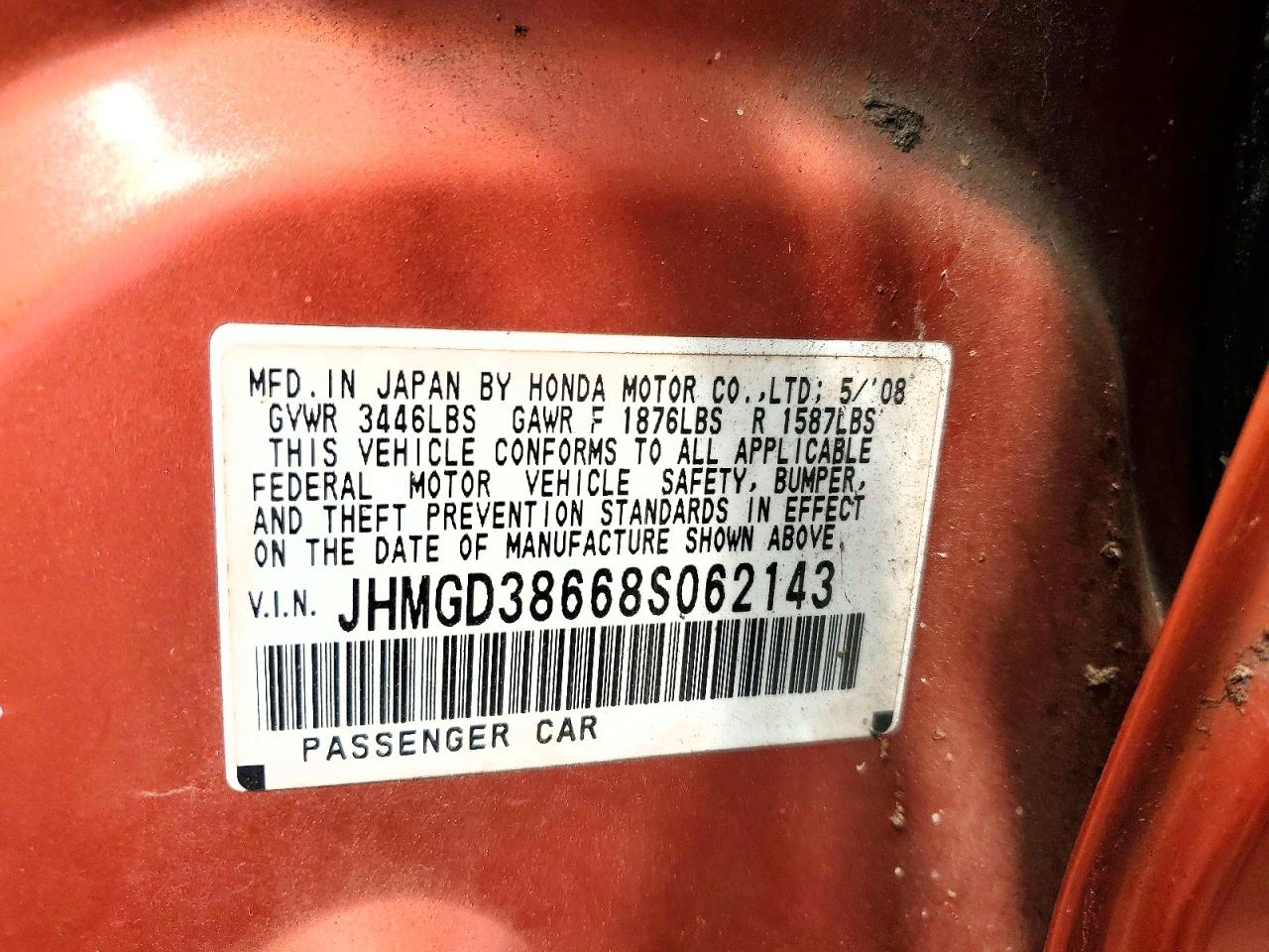2008 Honda Fit Sport Orange vin: JHMGD38668S062143