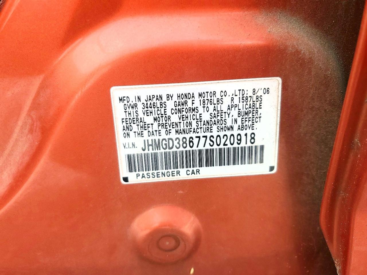2007 Honda Fit S Orange vin: JHMGD38677S020918