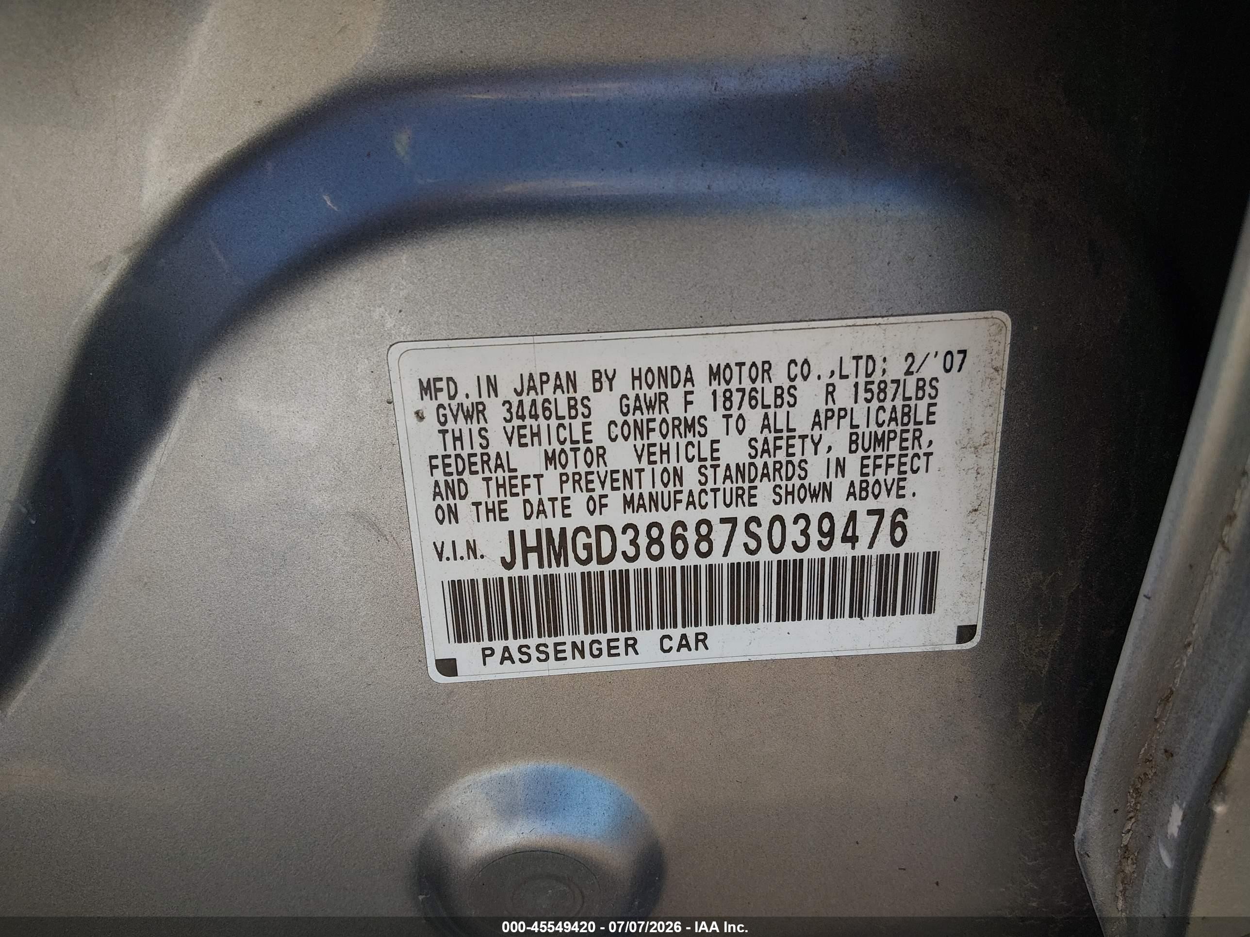 2007 Honda Fit Sport Silver vin: JHMGD38687S039476