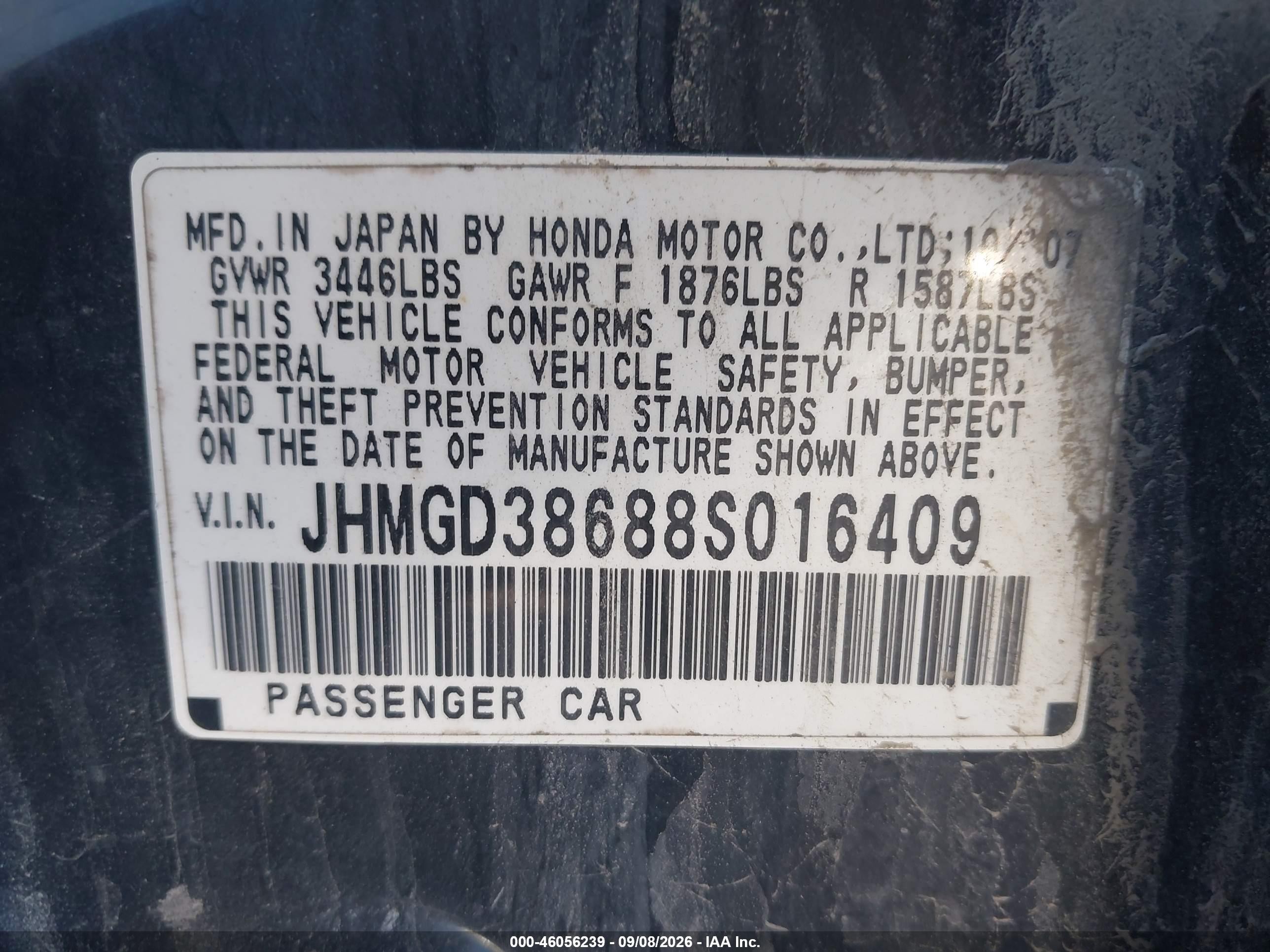 2008 Honda Fit Sport Черный vin: JHMGD38688S016409