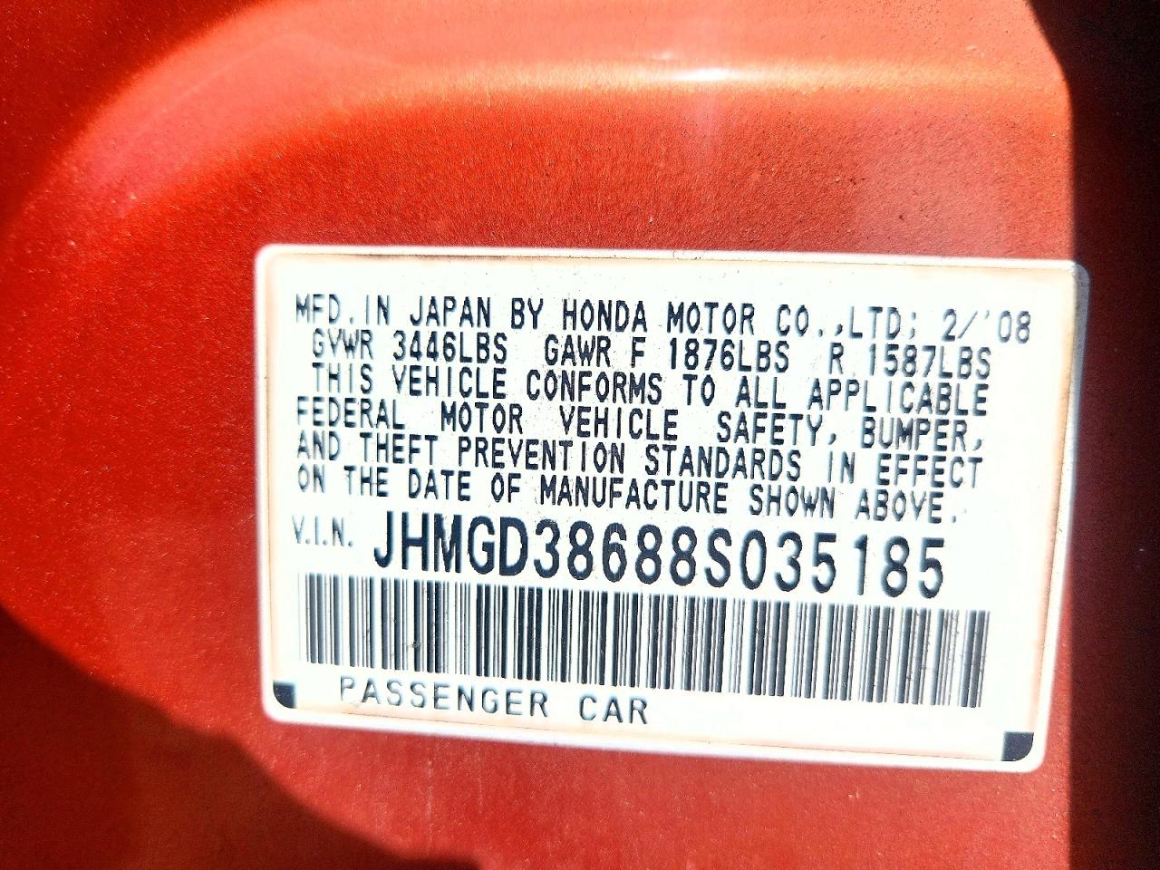 2008 Honda Fit Sport Orange vin: JHMGD38688S035185