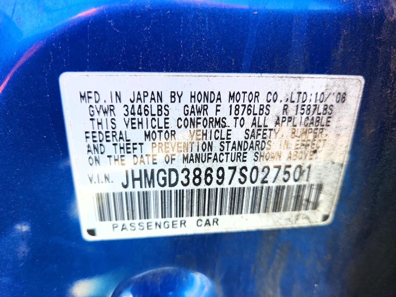 2007 Honda Fit Blue vin: JHMGD38697S027501