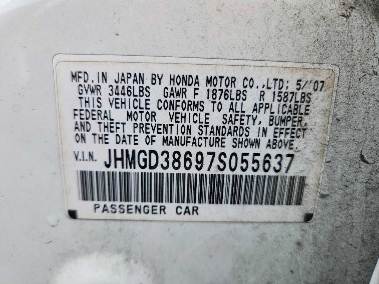 2007 Honda Fit S White vin: JHMGD38697S055637