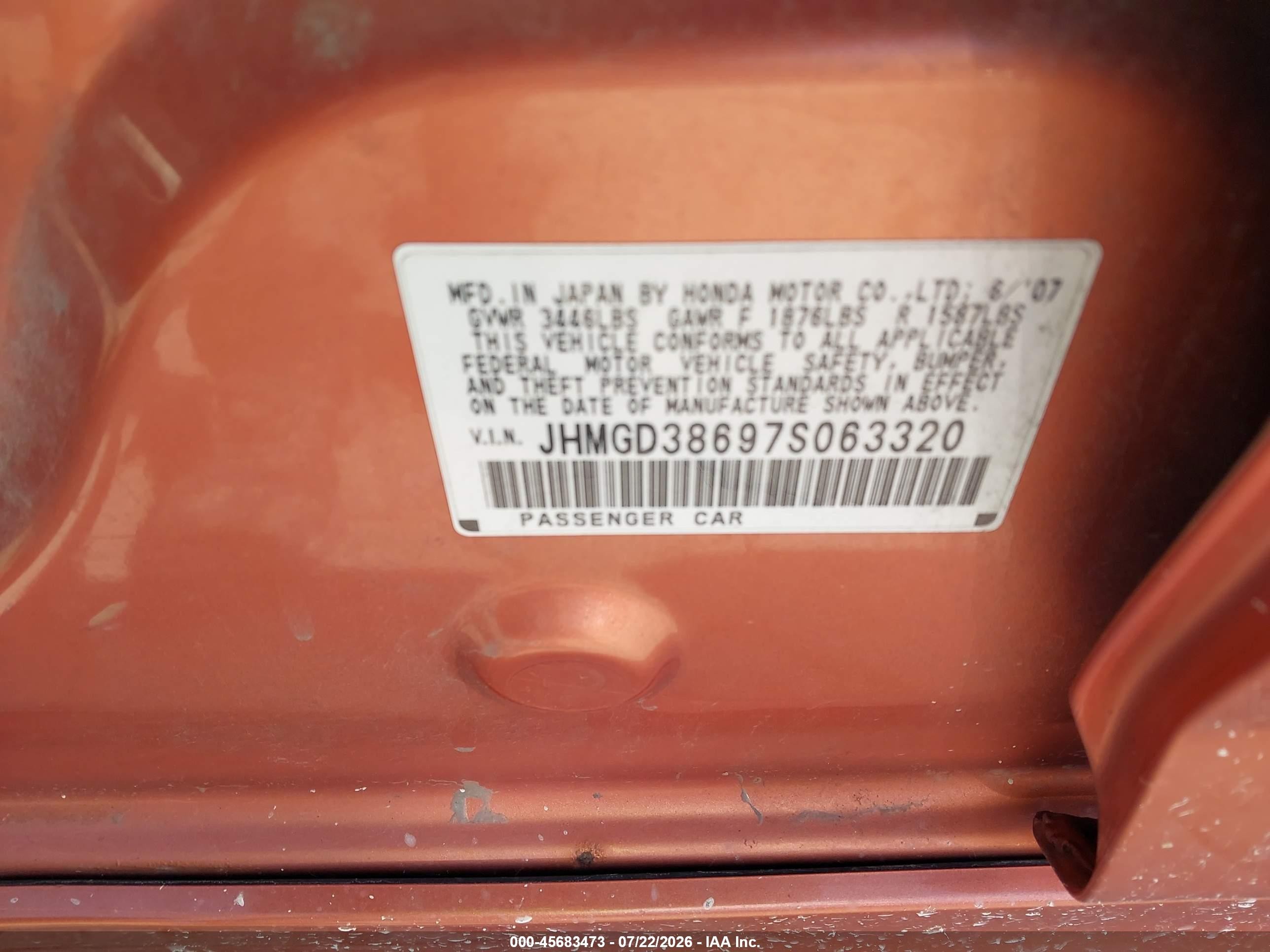 2007 Honda Fit Sport Orange vin: JHMGD38697S063320