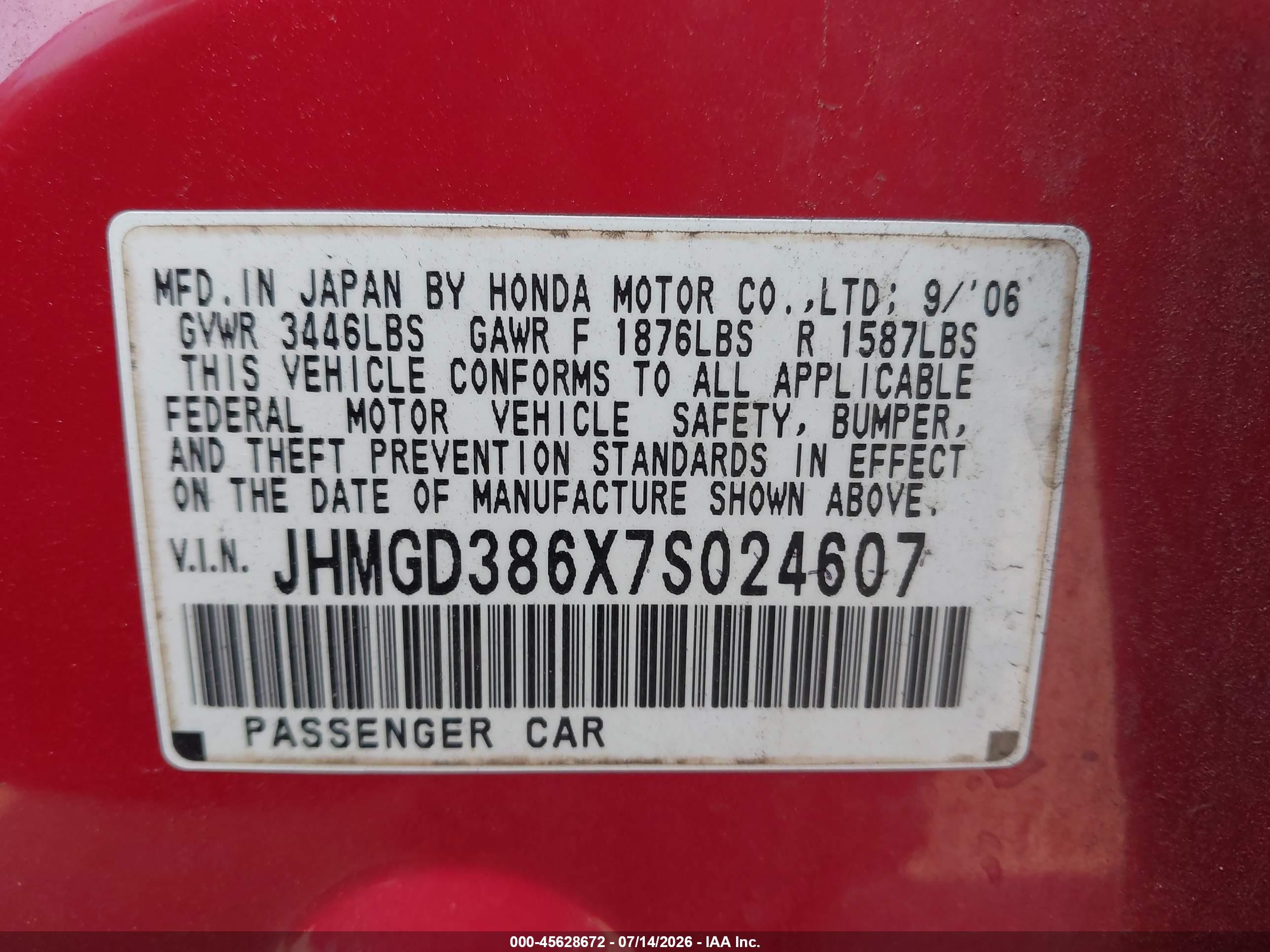 2007 Honda Fit Sport Red vin: JHMGD386X7S024607