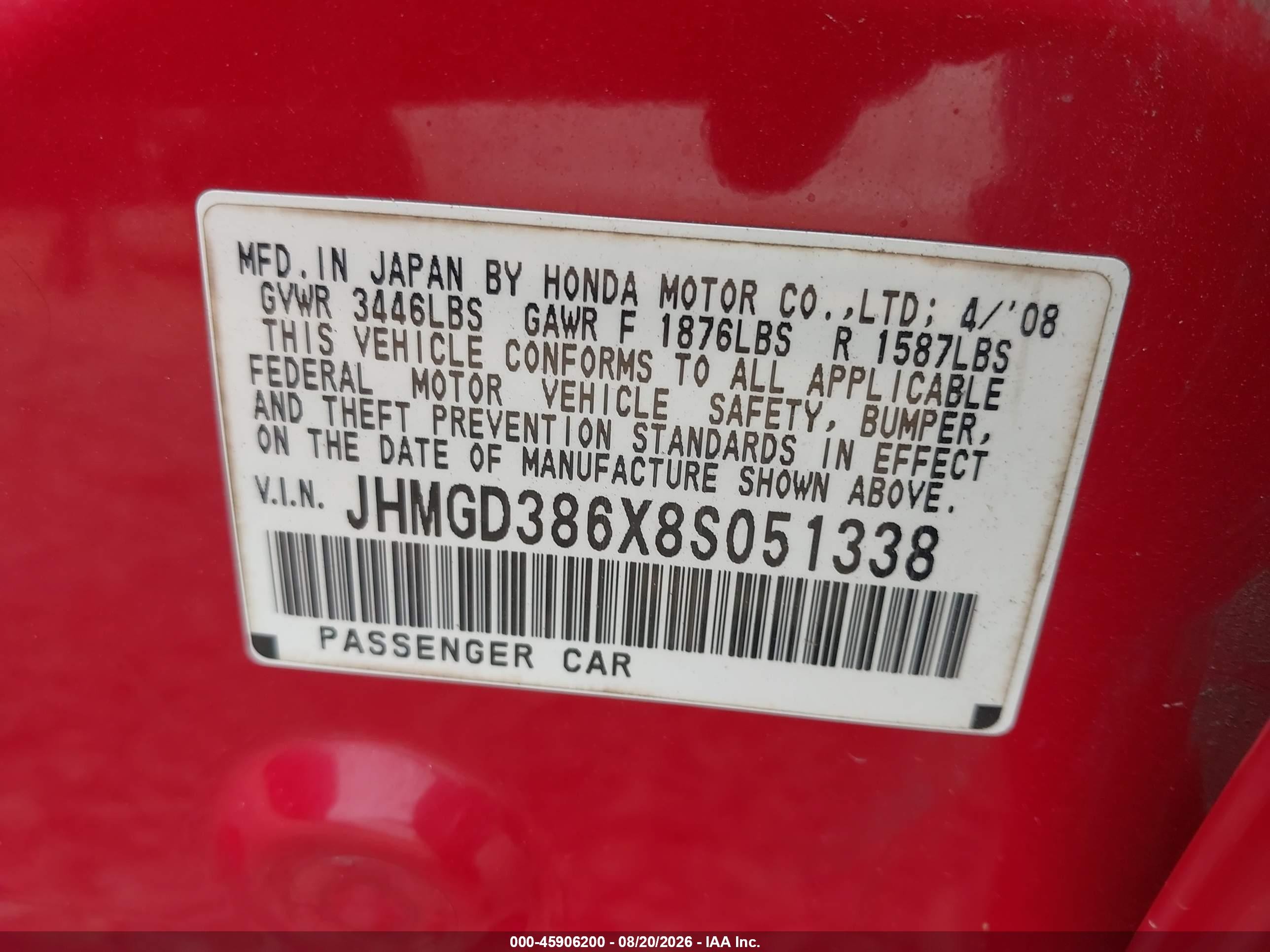 2008 Honda Fit Sport Red vin: JHMGD386X8S051338