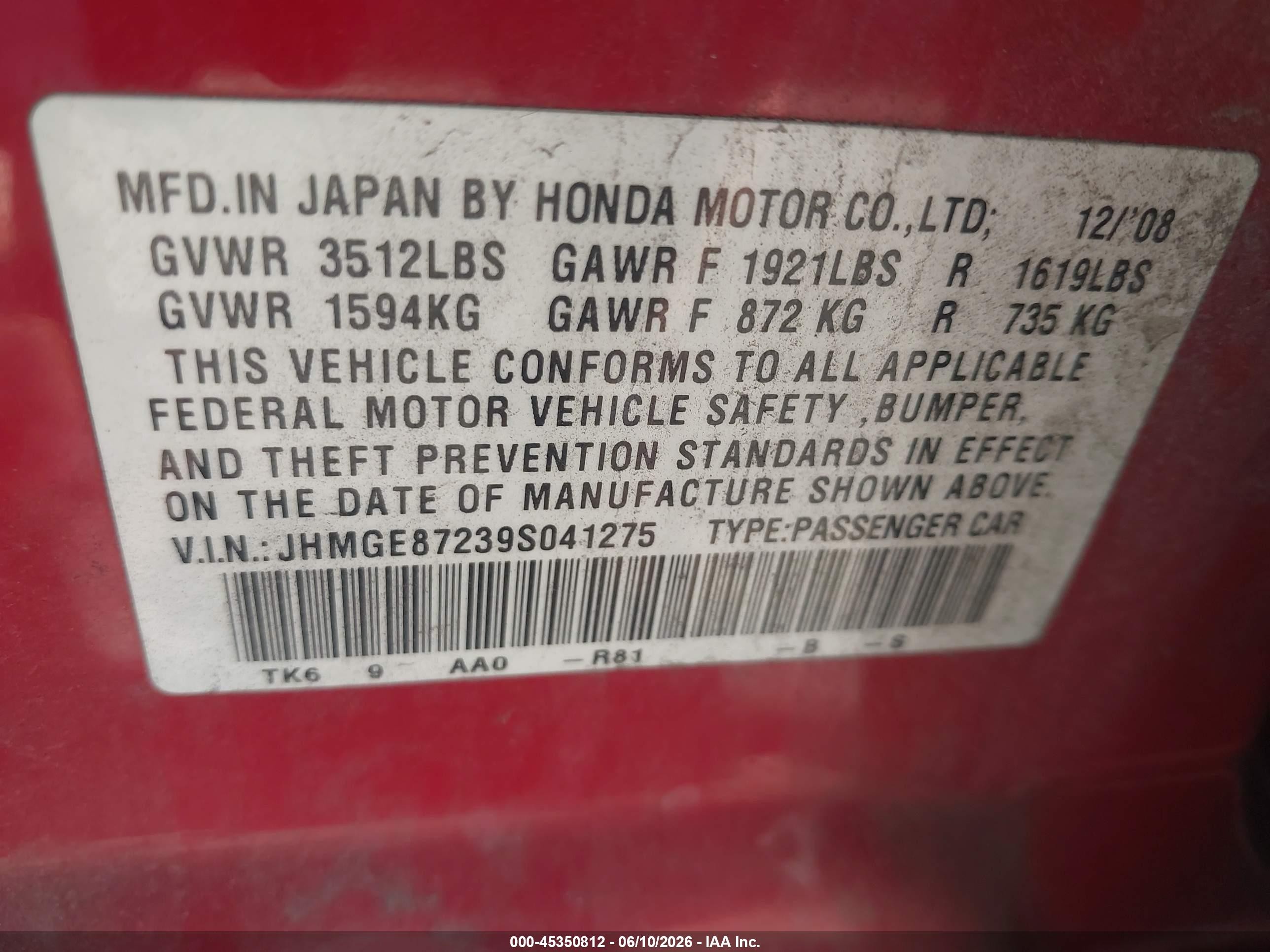 2009 Honda Fit   Red vin: JHMGE87239S041275