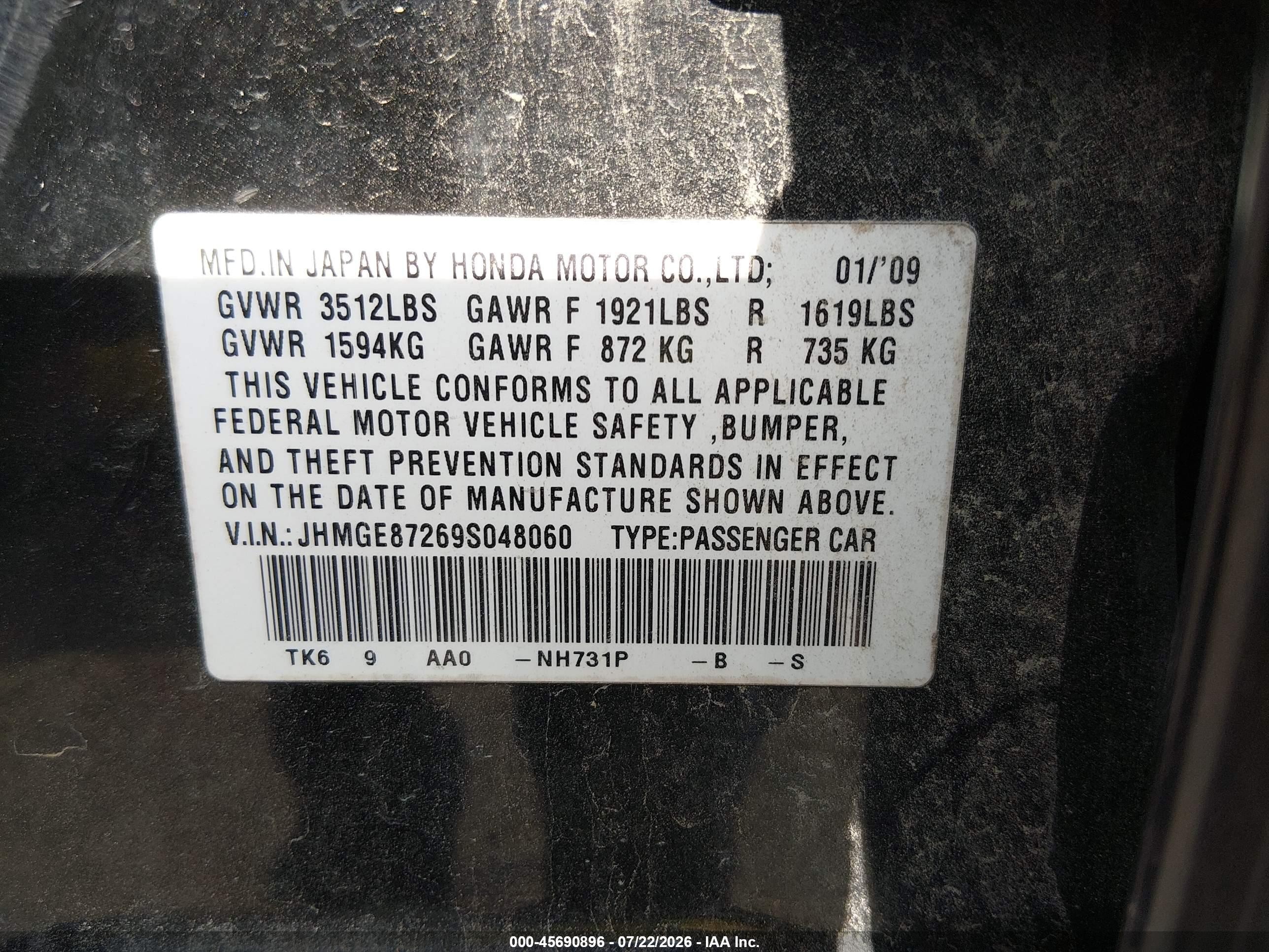 2009 Honda Fit   Black vin: JHMGE87269S048060