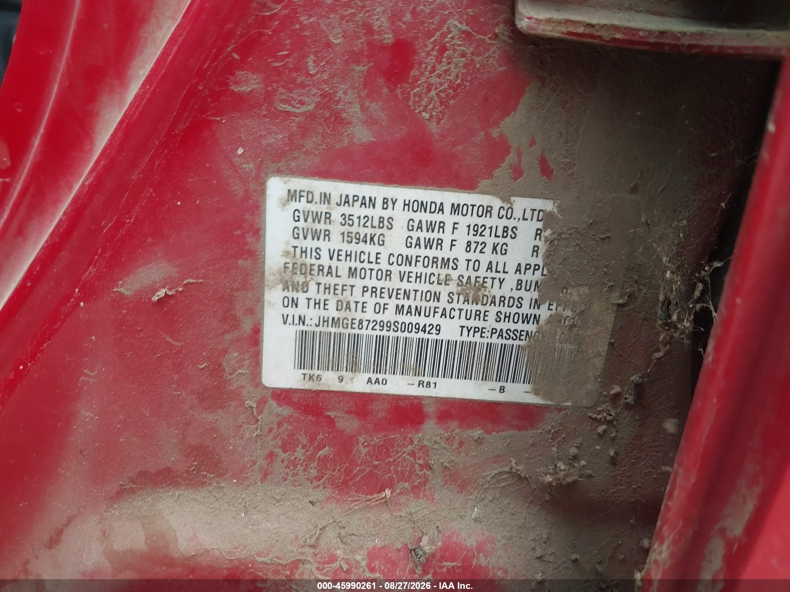 2009 Honda Fit   Red vin: JHMGE87299S009429