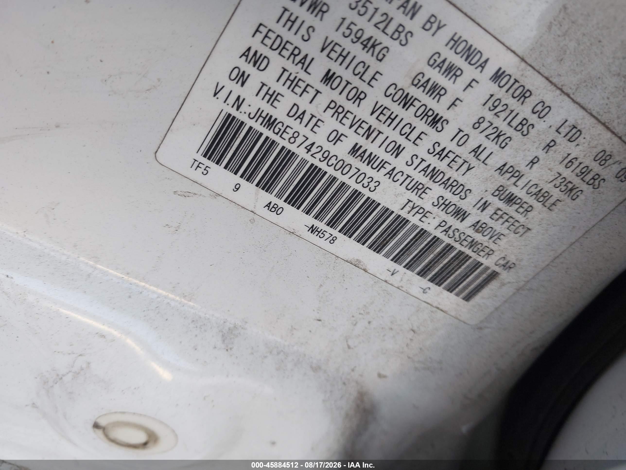 2009 Honda Fit Sport White vin: JHMGE87429C007033