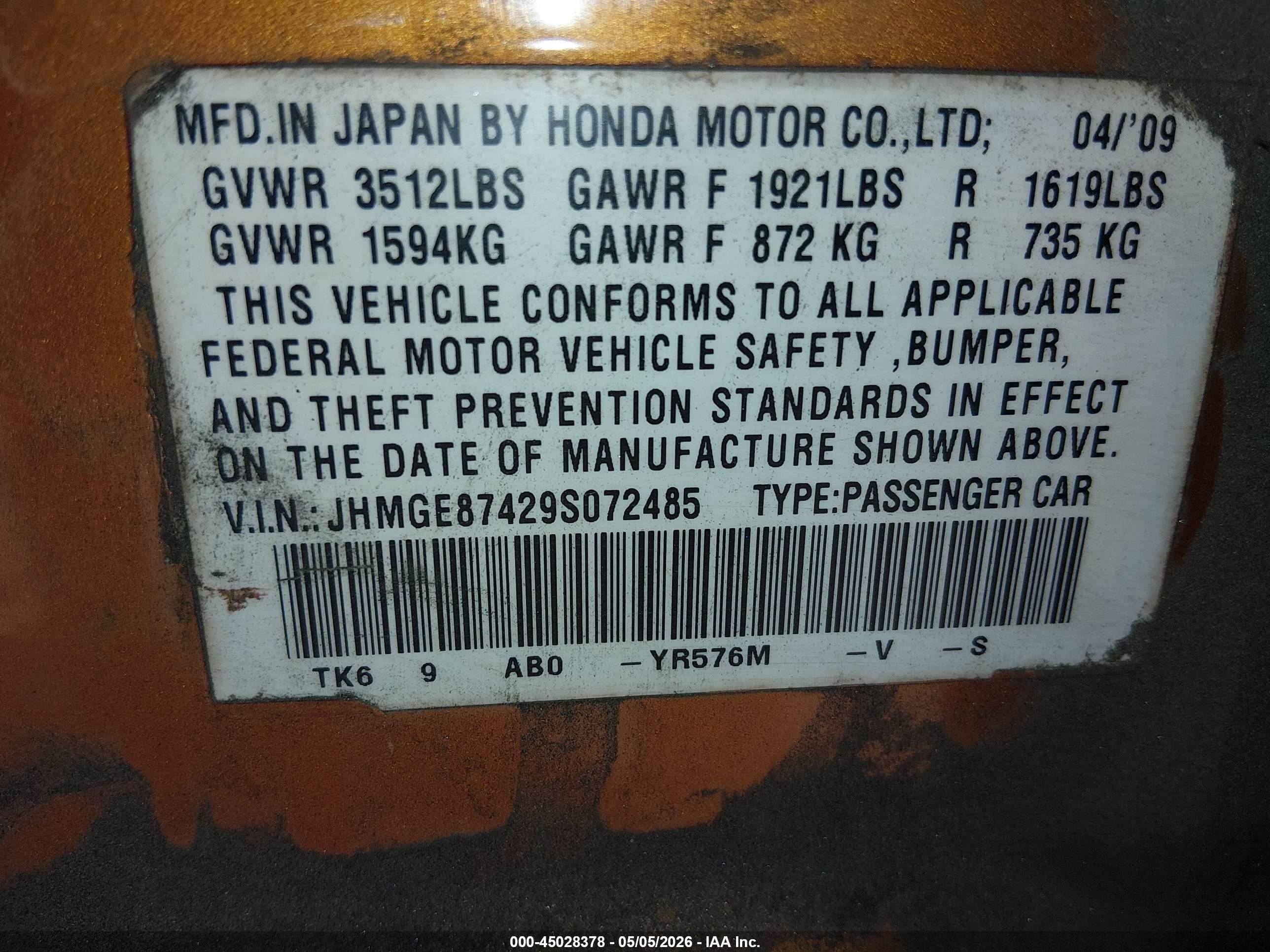 2009 Honda Fit Sport Orange vin: JHMGE87429S072485