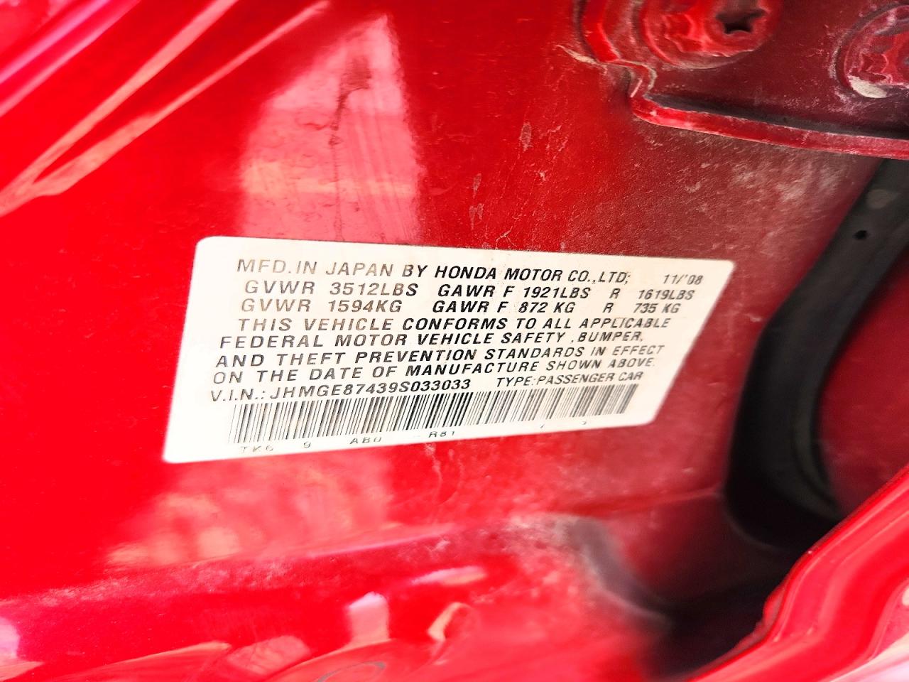 2009 Honda Fit Sport Red vin: JHMGE87439S033033