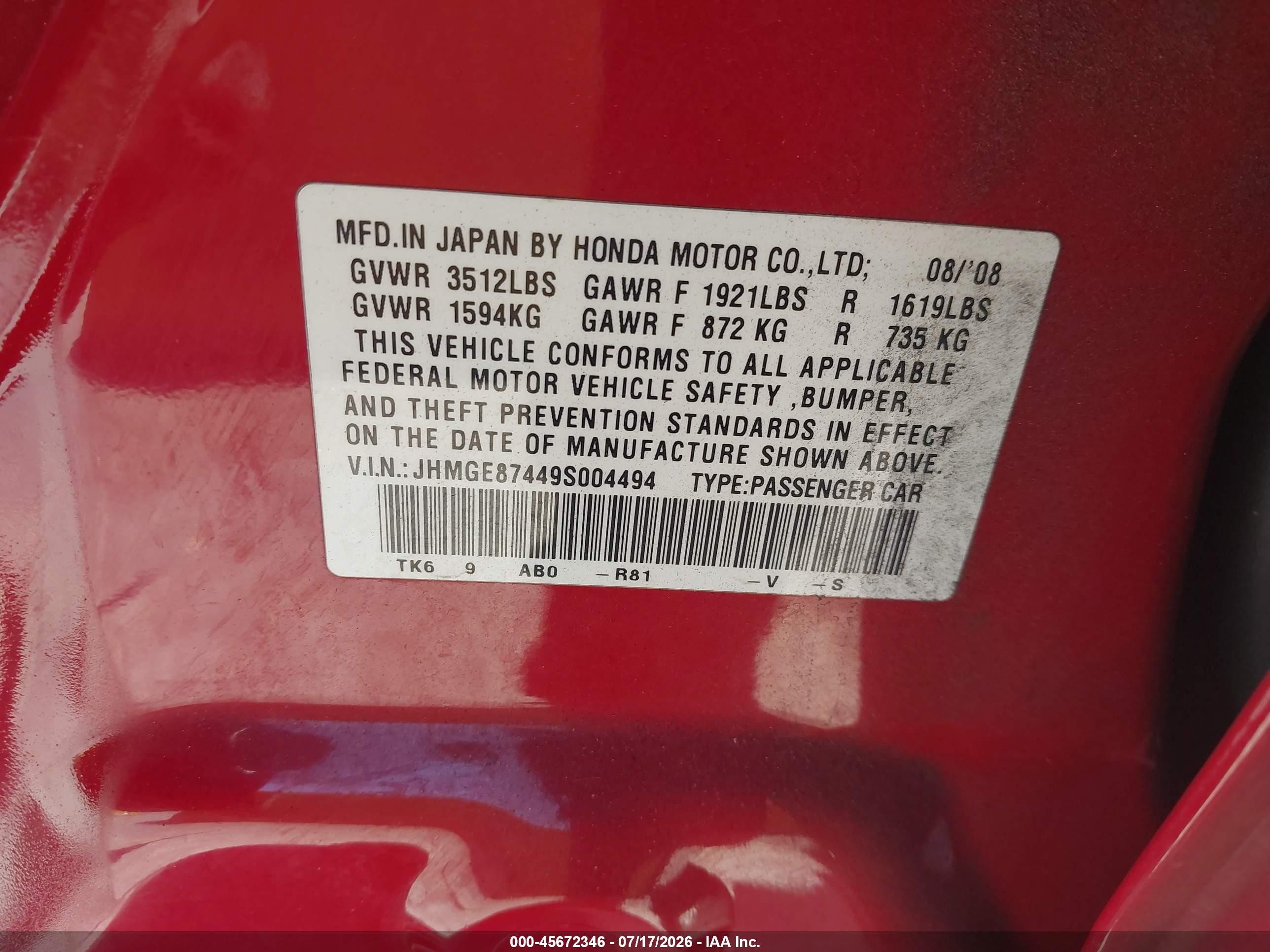 2009 Honda Fit Sport Red vin: JHMGE87449S004494