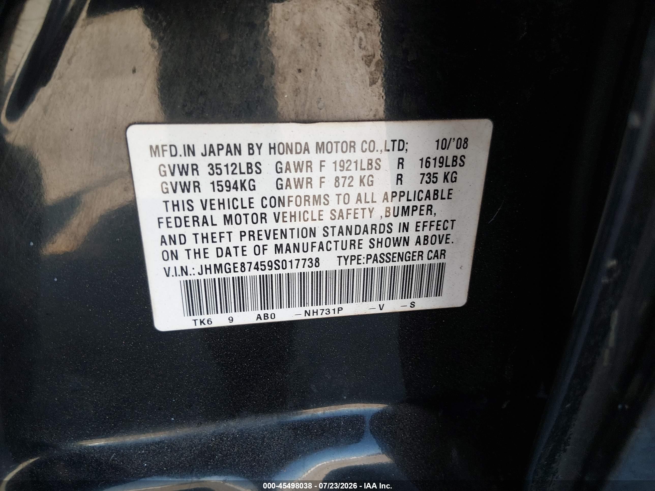 2009 Honda Fit Sport Black vin: JHMGE87459S017738