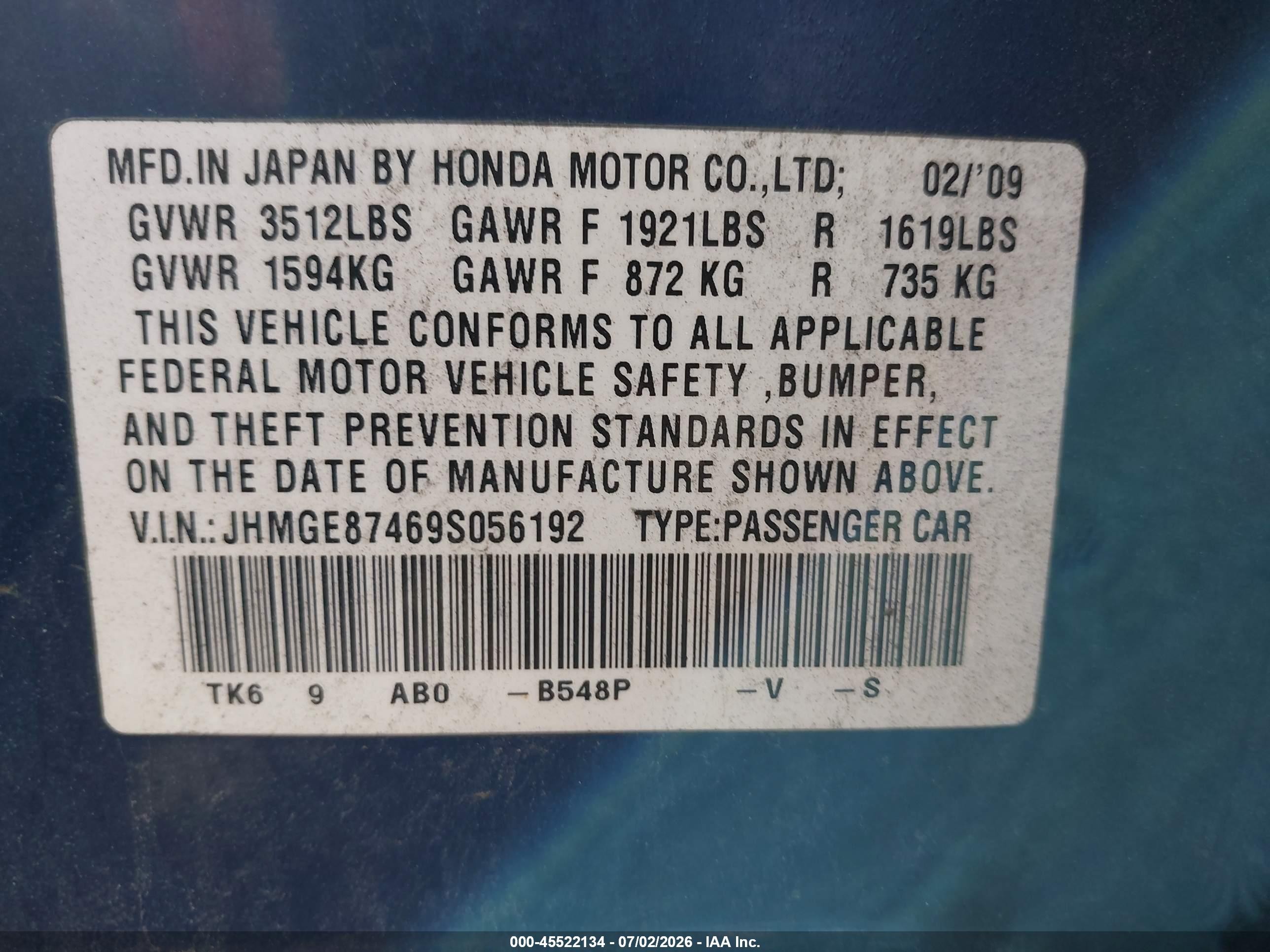2009 Honda Fit Sport Синий vin: JHMGE87469S056192