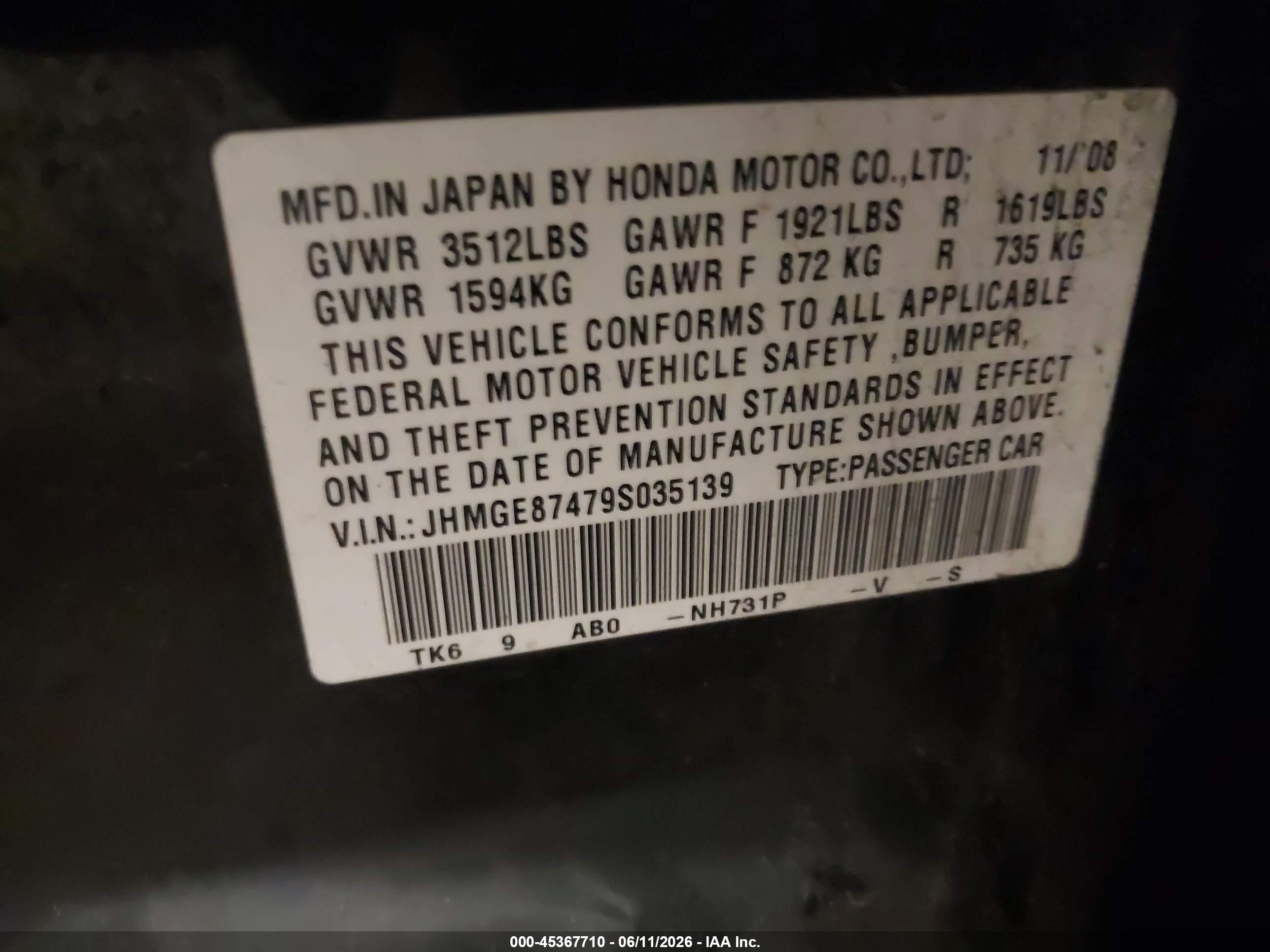 2009 Honda Fit Sport Черный vin: JHMGE87479S035139