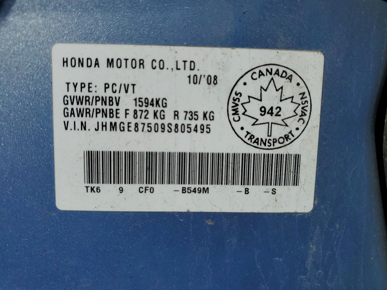 2009 Honda Fit Lx Blue vin: JHMGE87509S805495