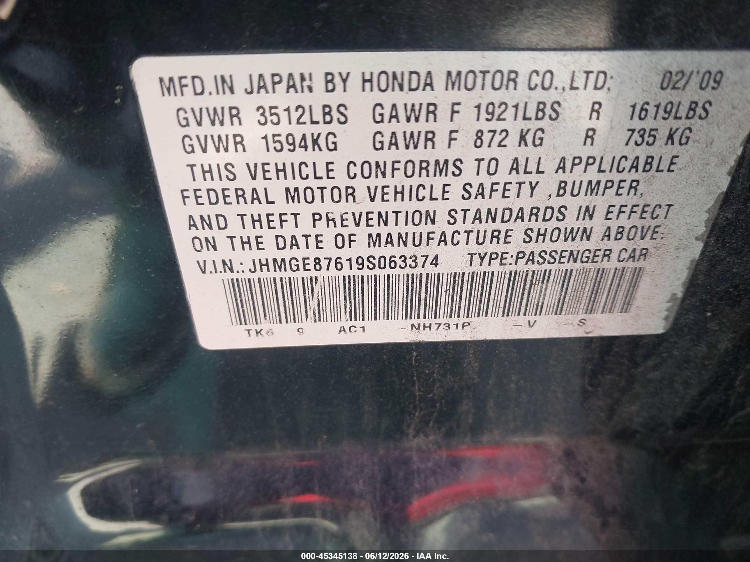2009 Honda Fit Sport Black vin: JHMGE87619S063374