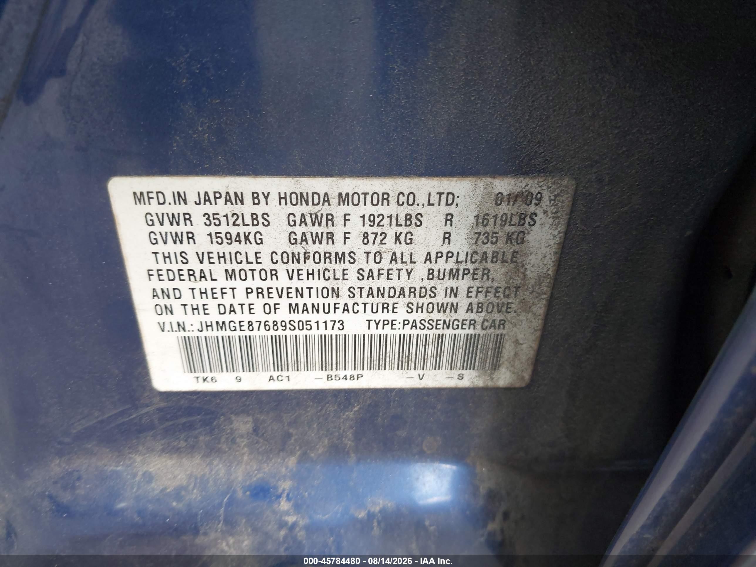 2009 Honda Fit Sport Blue vin: JHMGE87689S051173