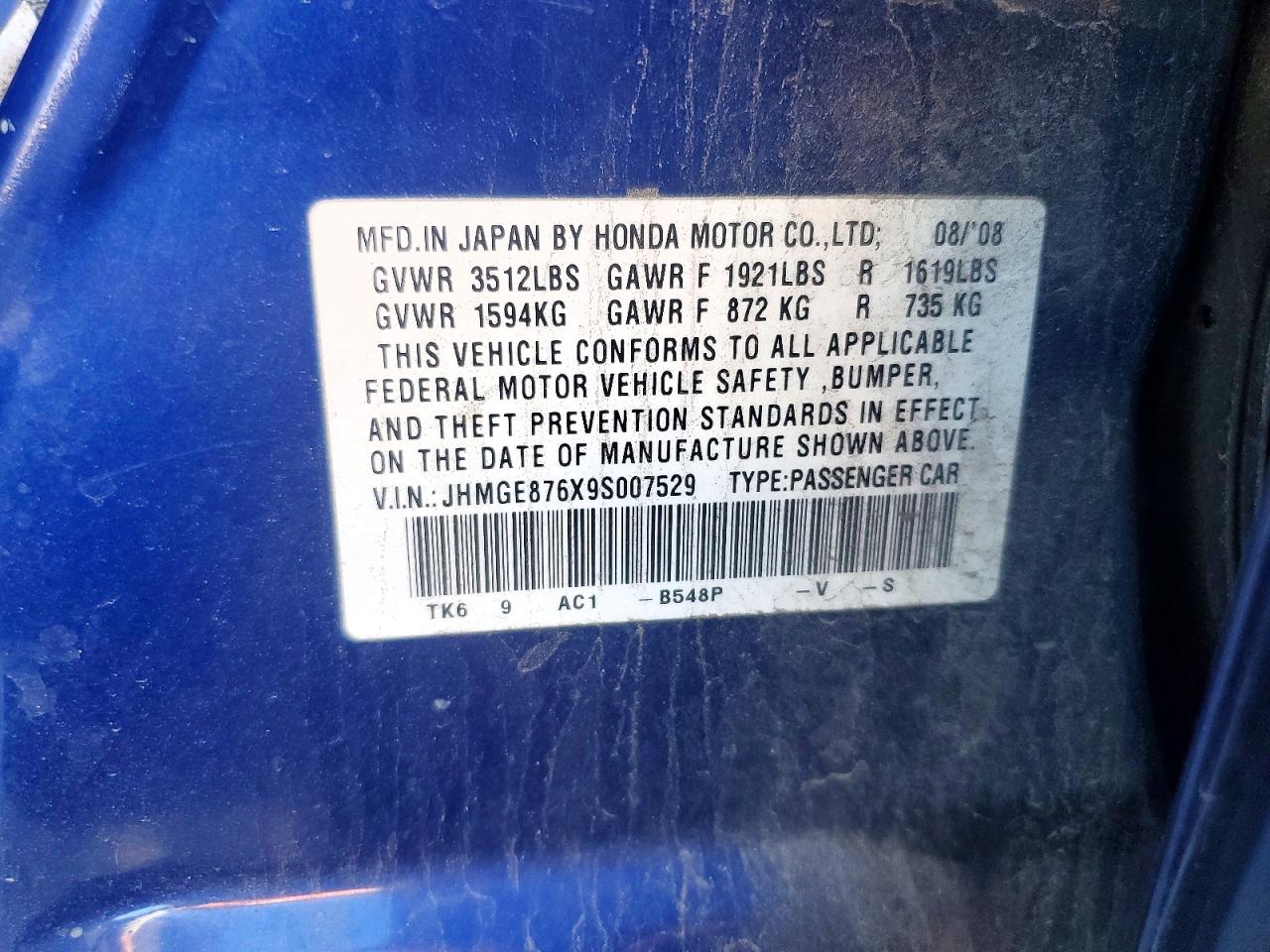 2009 Honda Fit Sport Blue vin: JHMGE876X9S007529