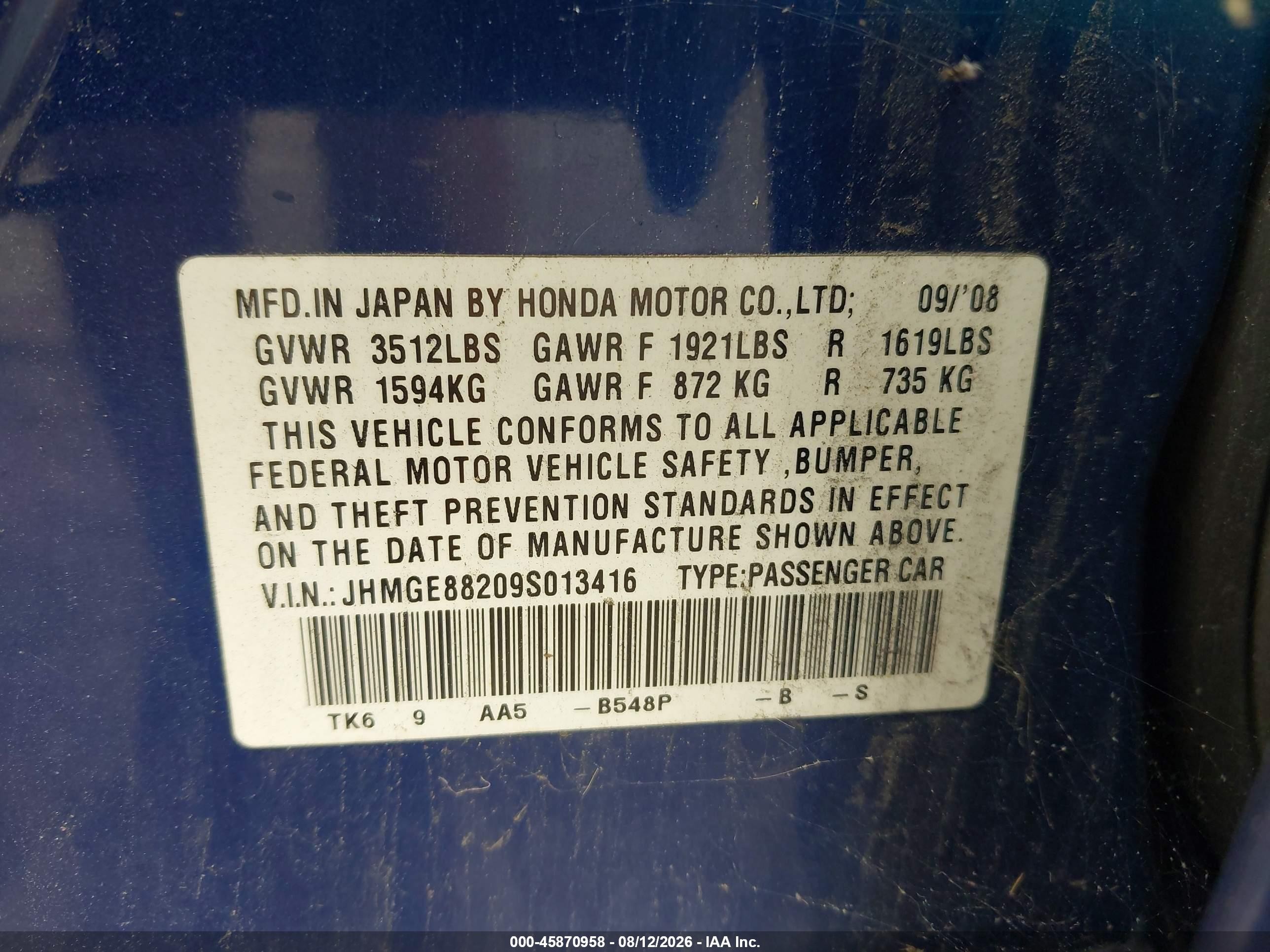 2009 Honda Fit Blue vin: JHMGE88209S013416