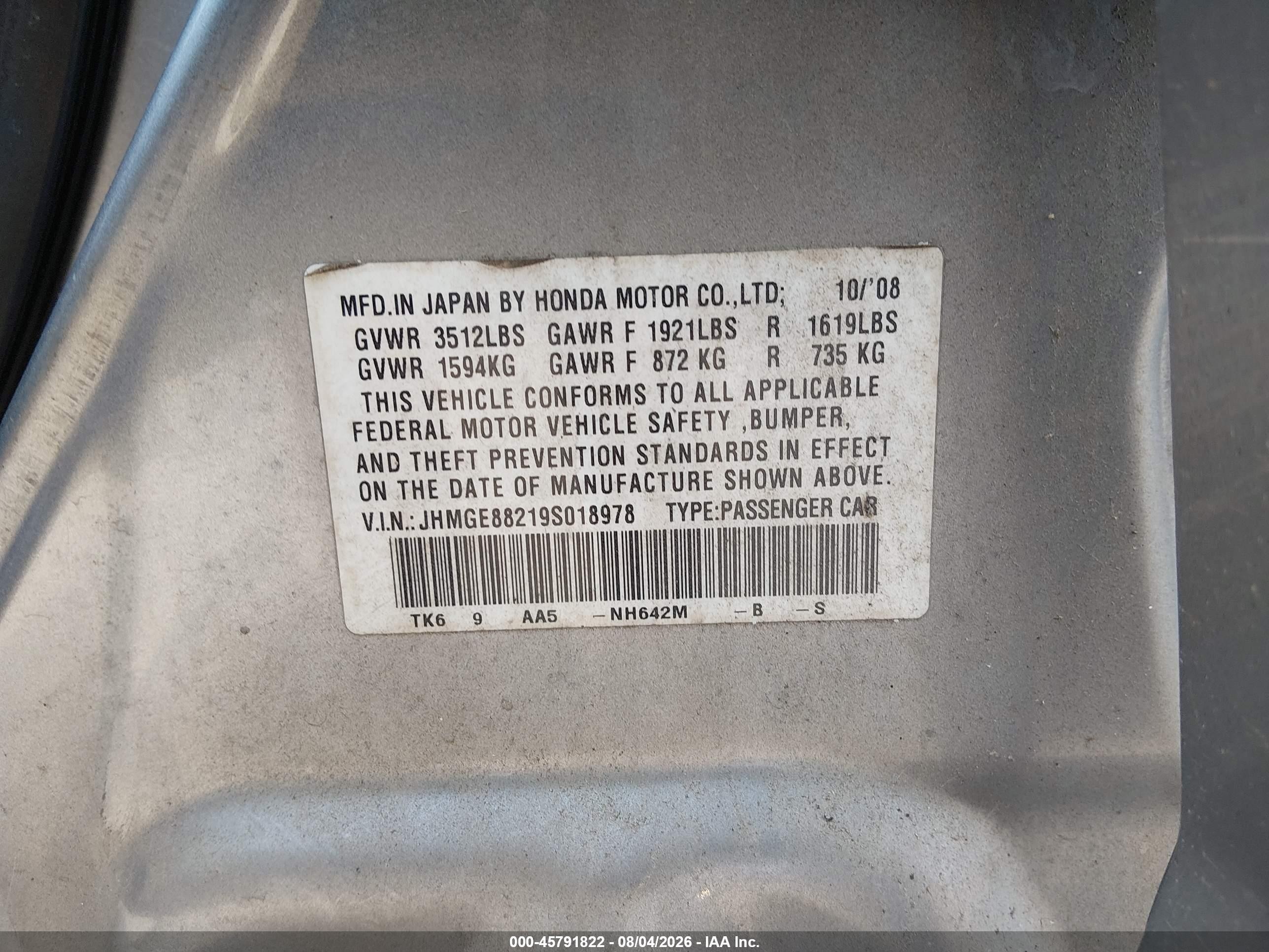 2009 Honda Fit   Gray vin: JHMGE88219S018978
