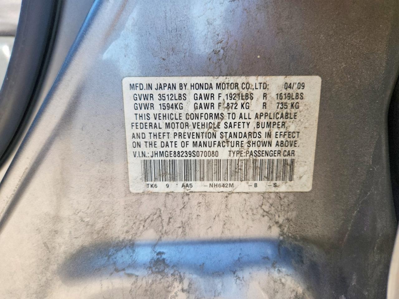 2009 Honda Fit Gray vin: JHMGE88239S070080