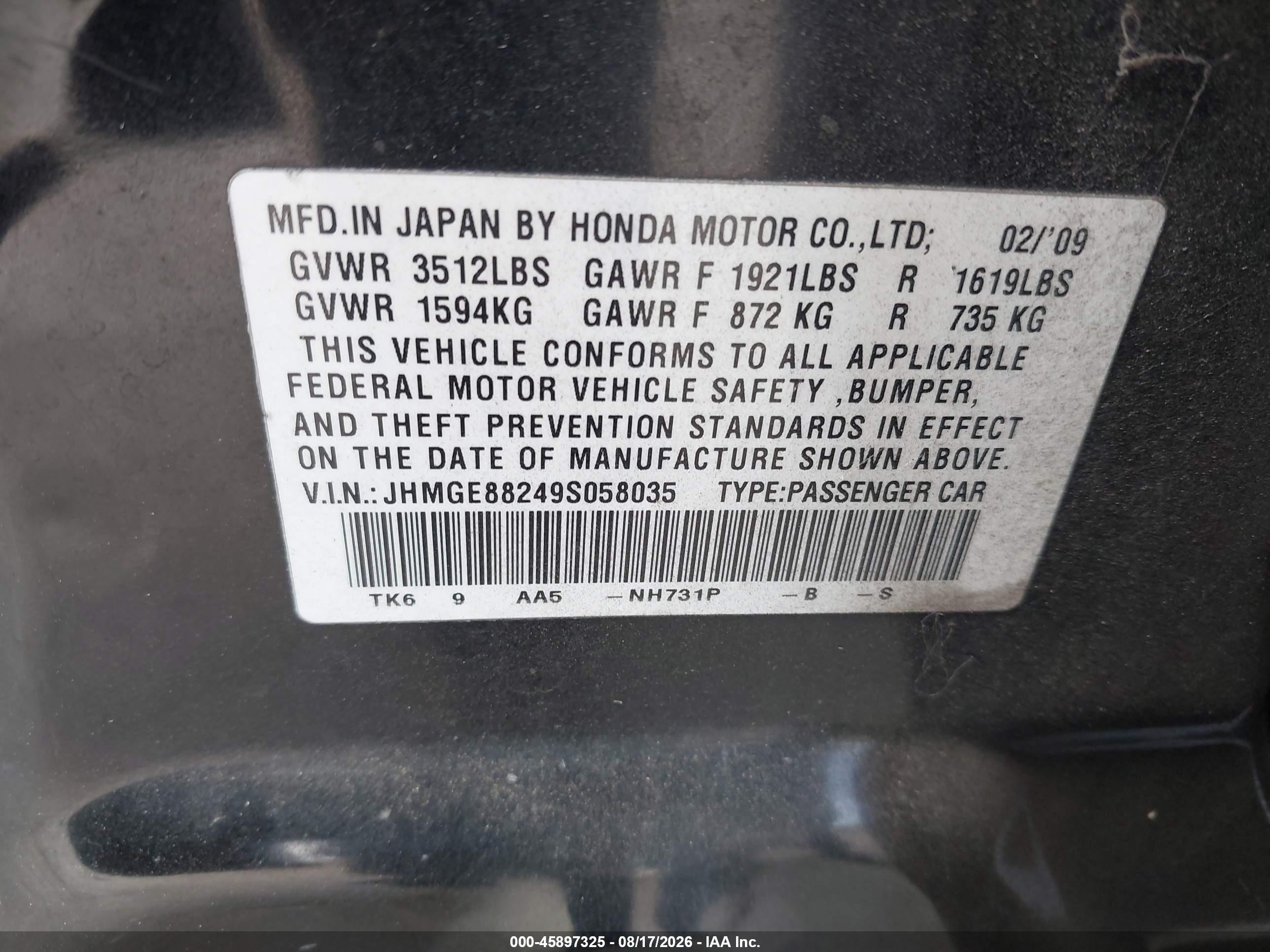 2009 Honda Fit   Black vin: JHMGE88249S058035