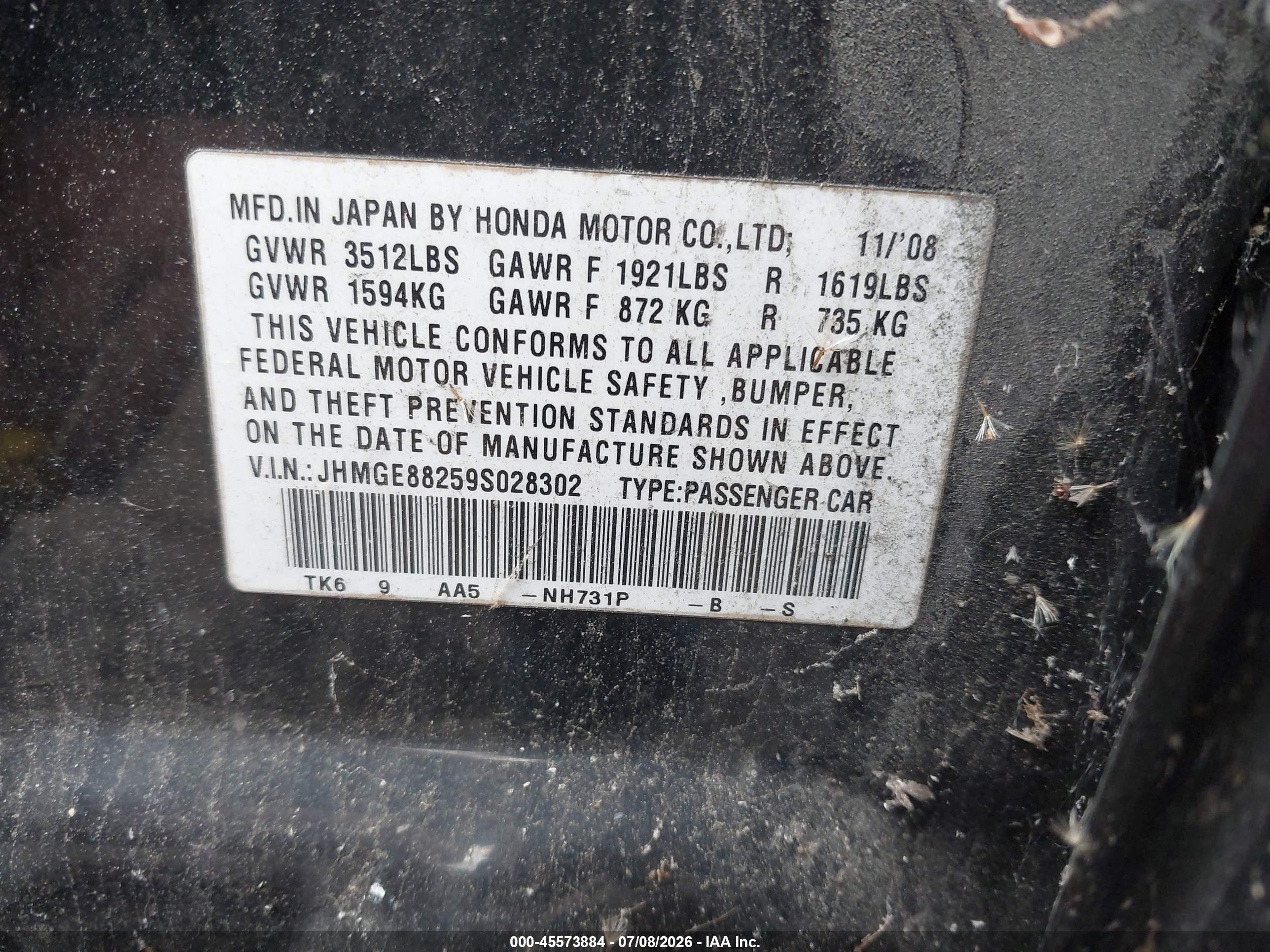 2009 Honda Fit   Black vin: JHMGE88259S028302