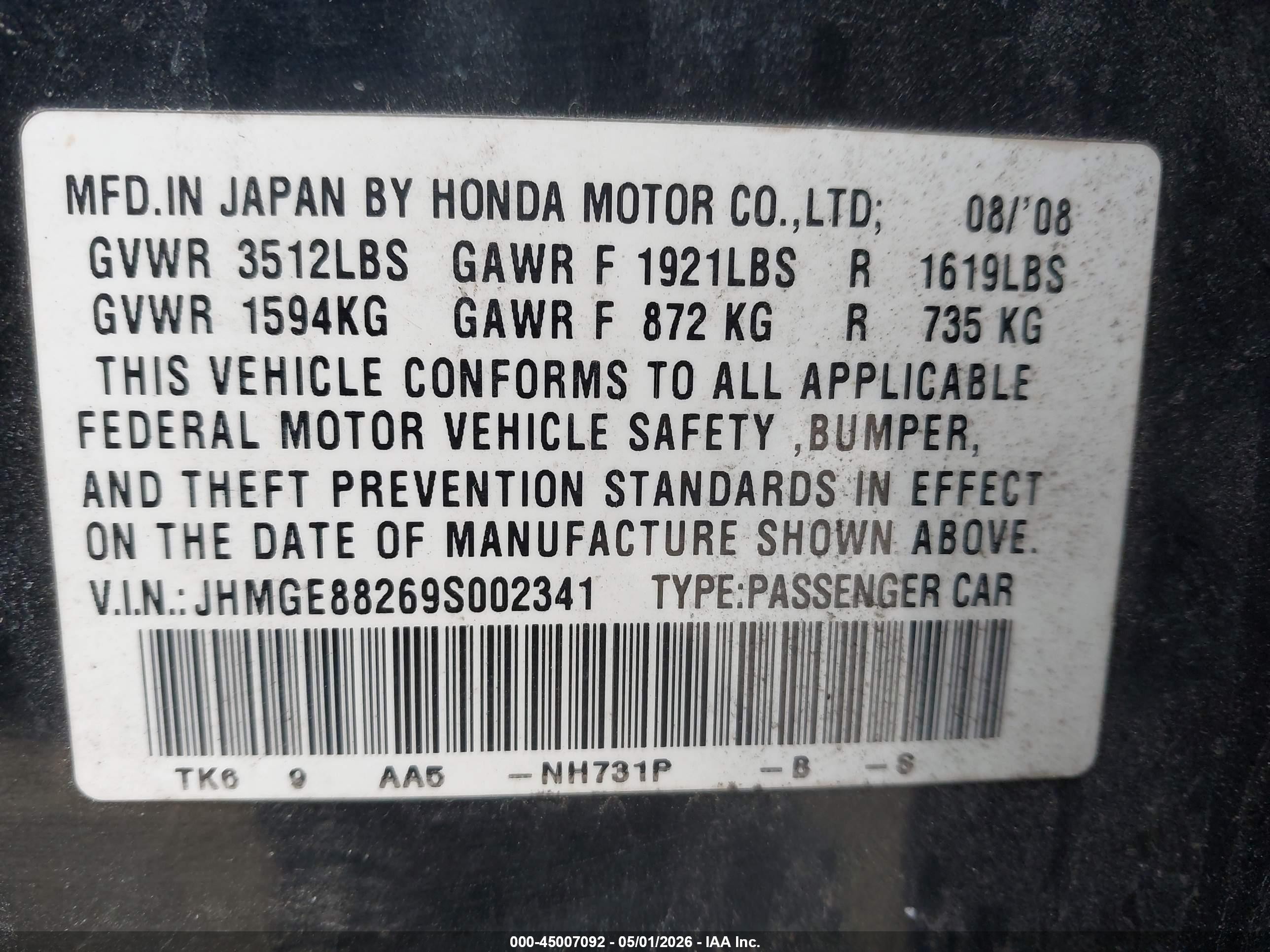 2009 Honda Fit   Black vin: JHMGE88269S002341