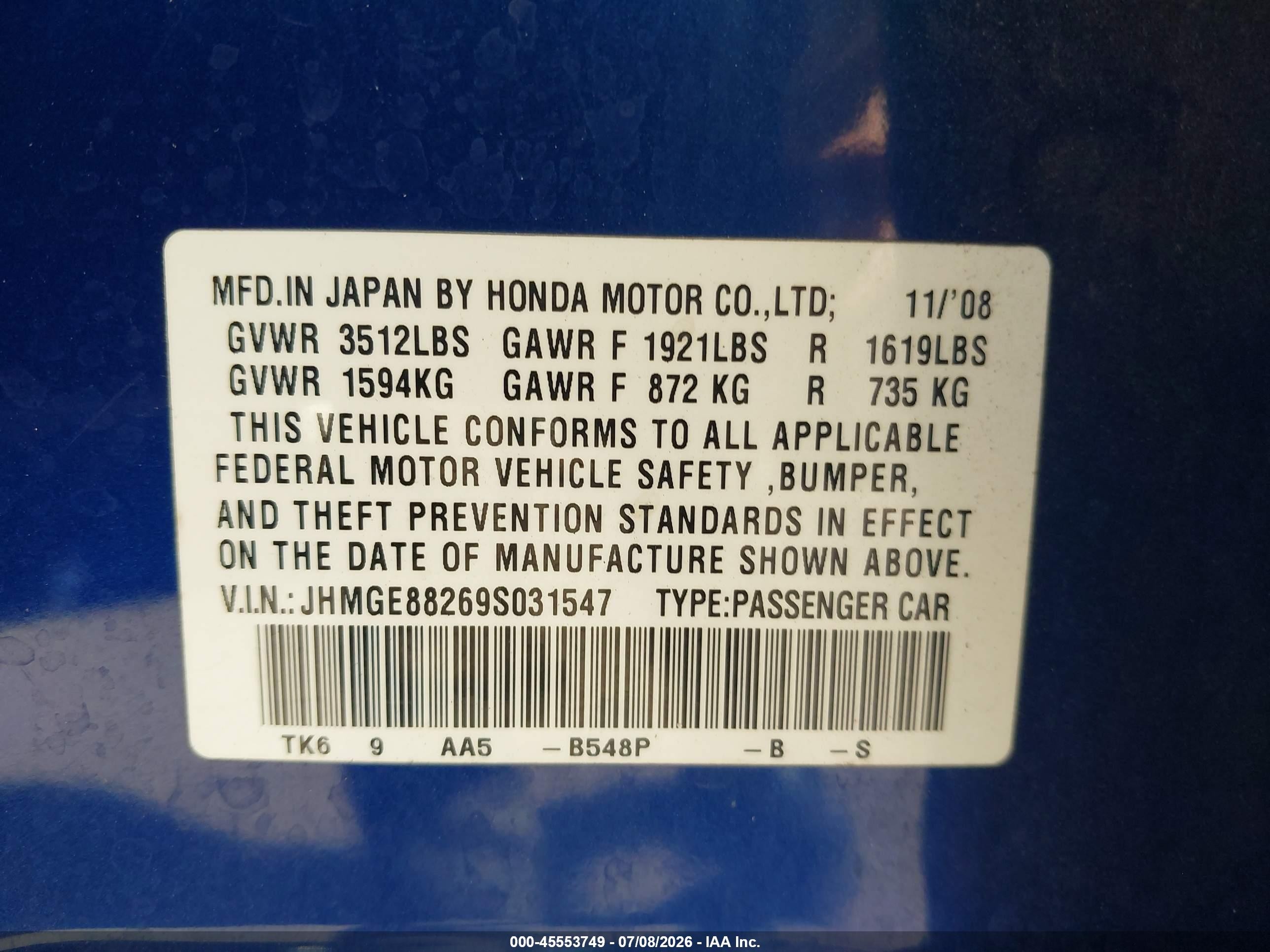 2009 Honda Fit   Blue vin: JHMGE88269S031547