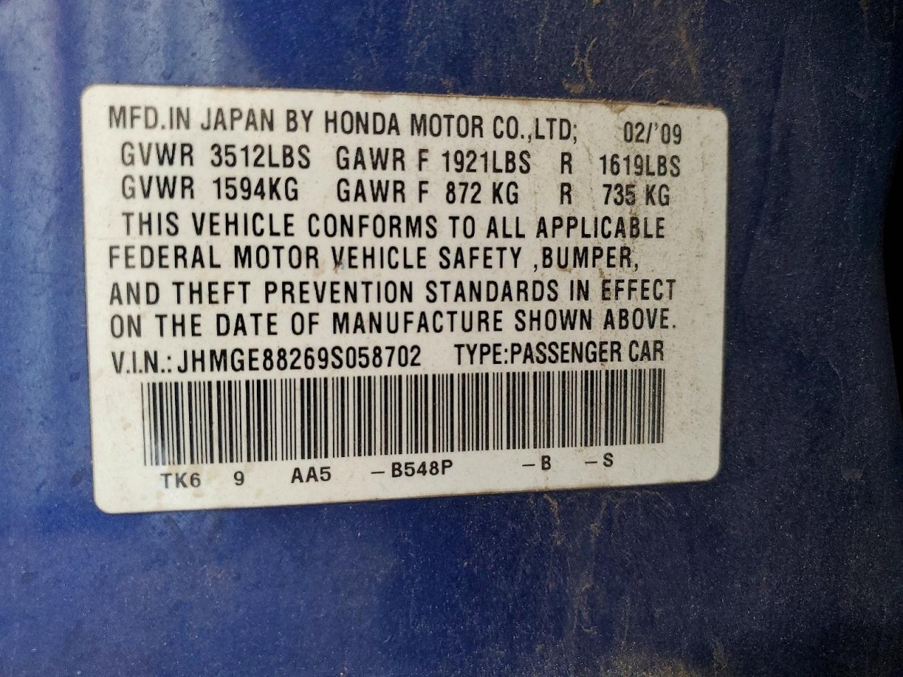 2009 Honda Fit Blue vin: JHMGE88269S058702