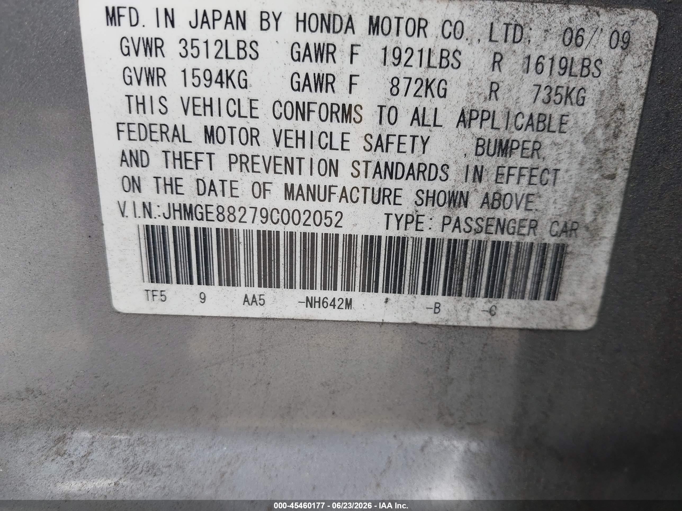 2009 Honda Fit   Gray vin: JHMGE88279C002052