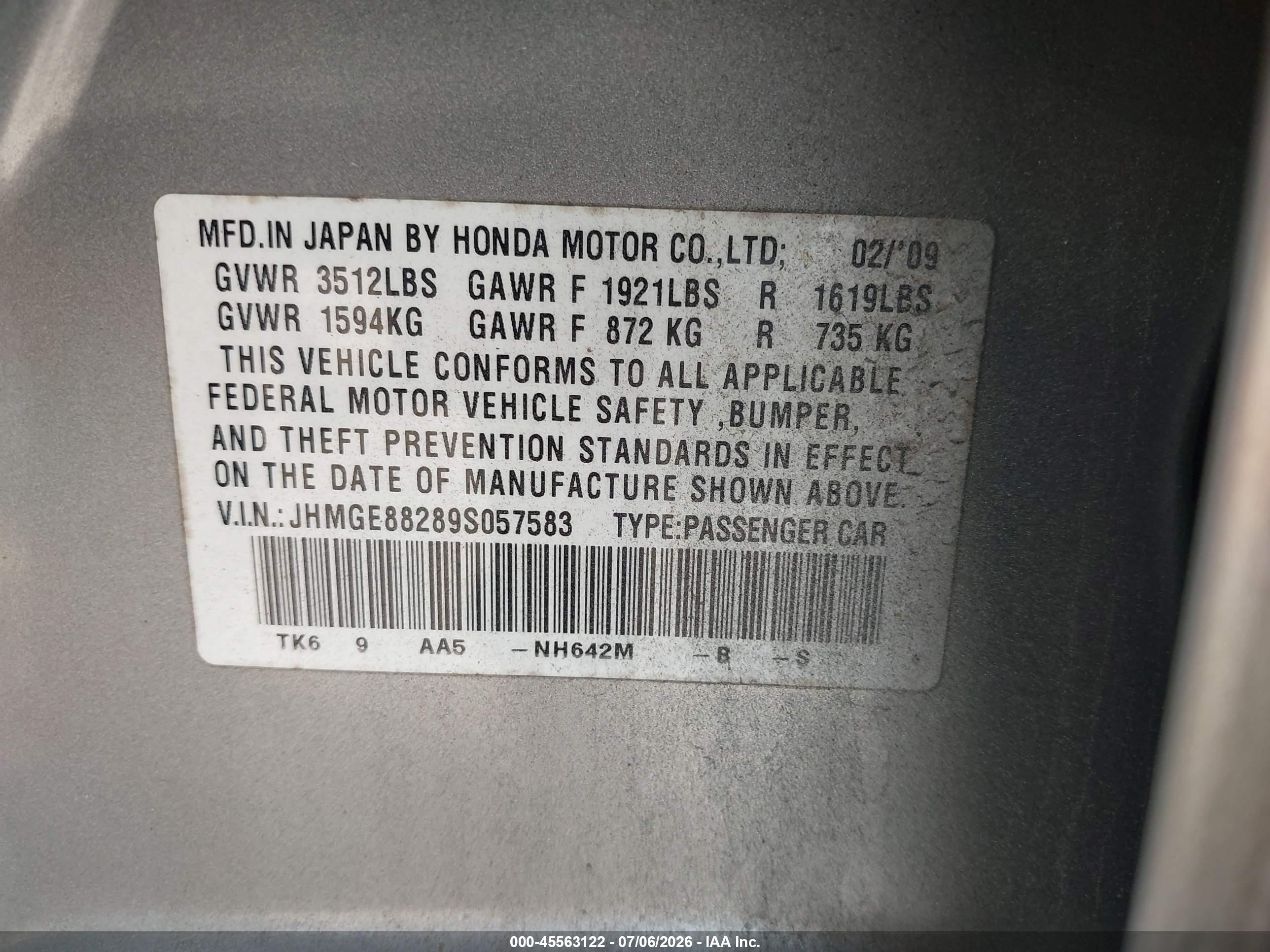 2009 Honda Fit   Gray vin: JHMGE88289S057583