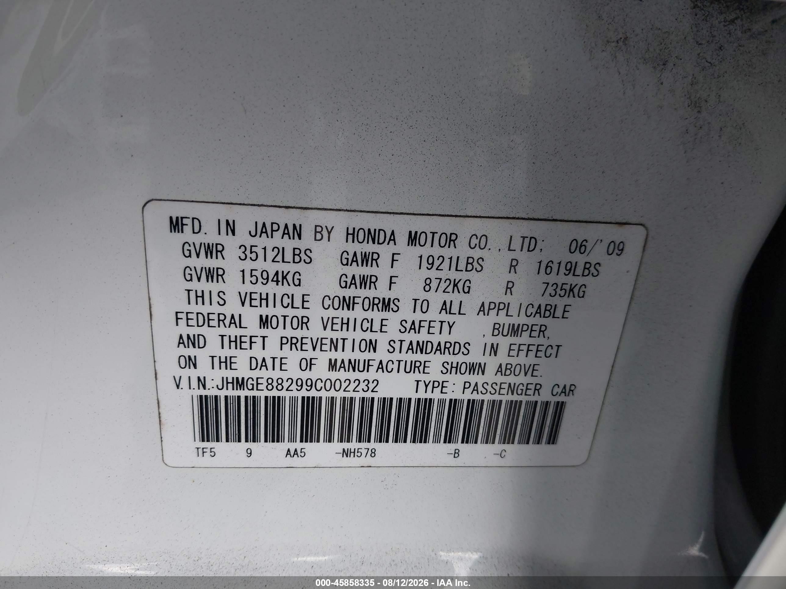 2009 Honda Fit   White vin: JHMGE88299C002232
