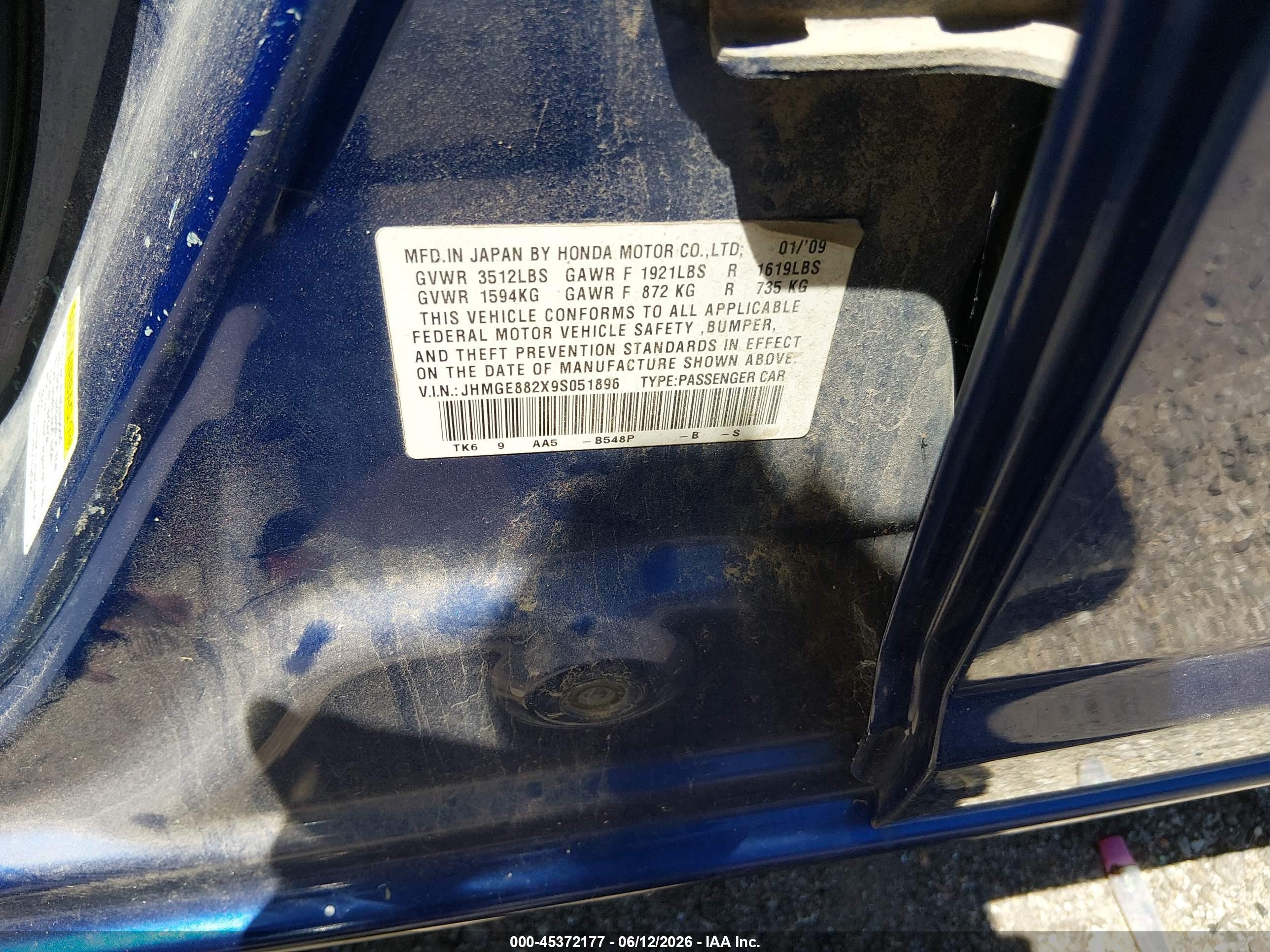 2009 Honda Fit   Синий vin: JHMGE882X9S051896