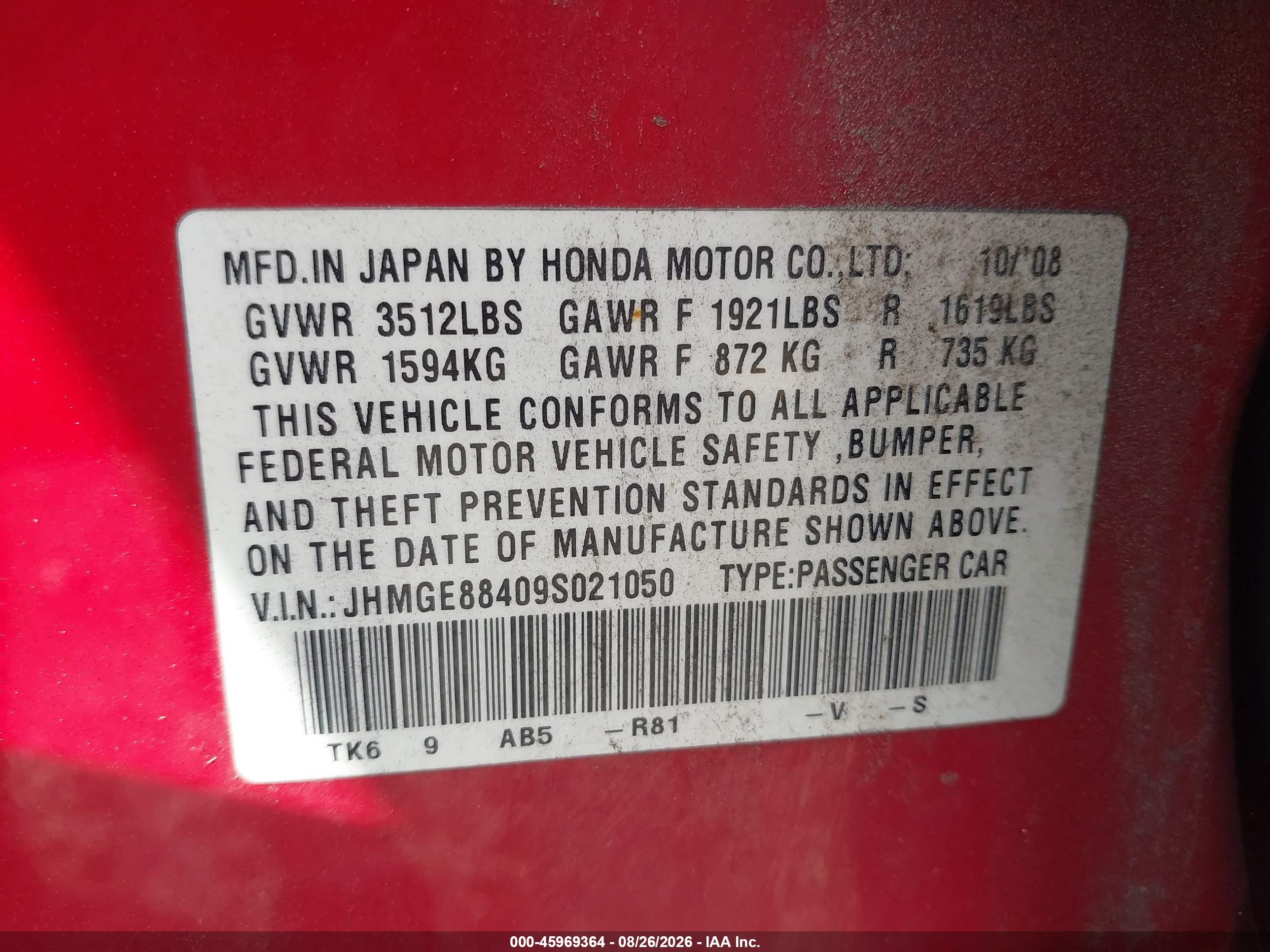 2009 Honda Fit Sport Red vin: JHMGE88409S021050