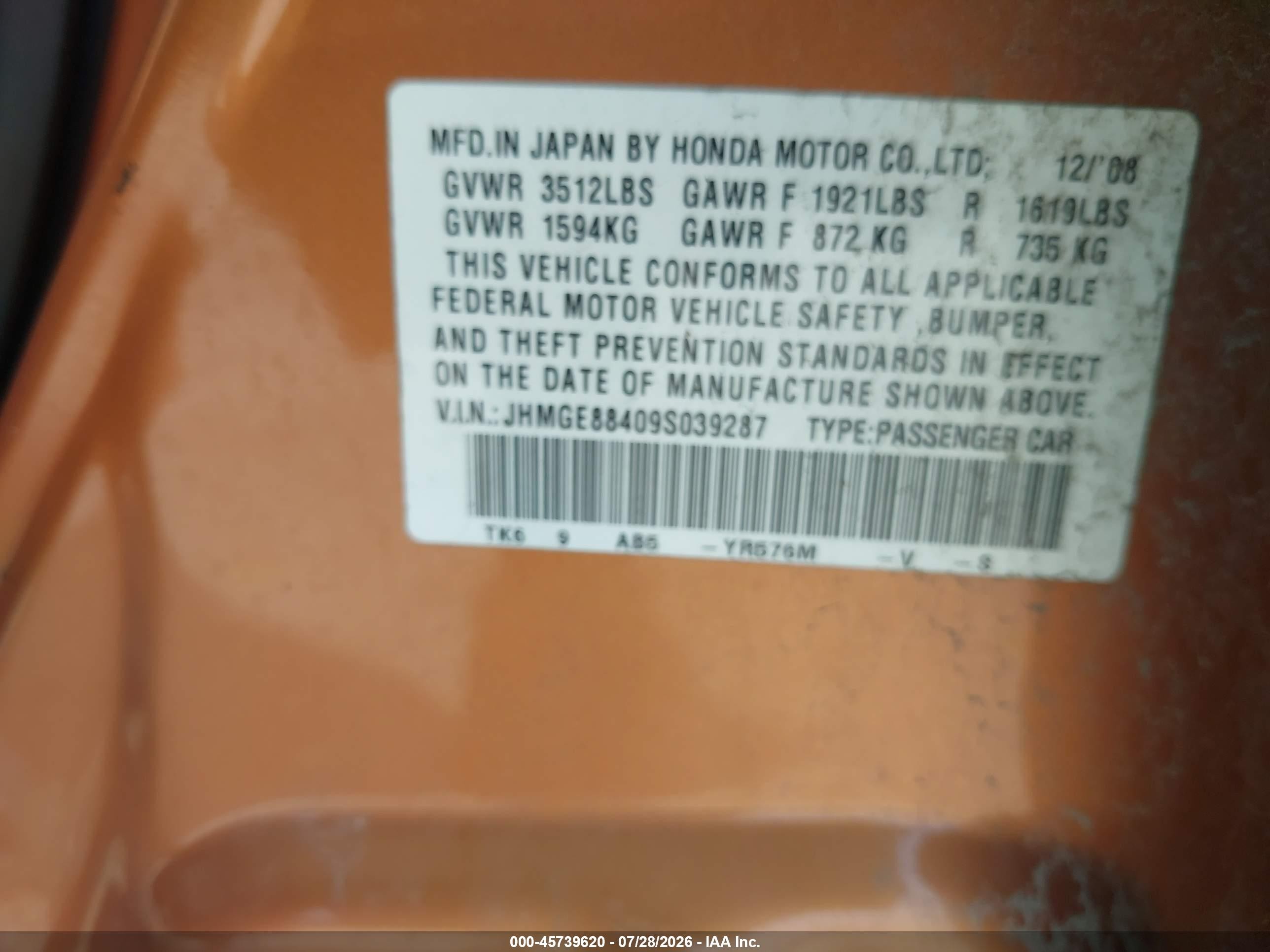 2009 Honda Fit Sport Orange vin: JHMGE88409S039287