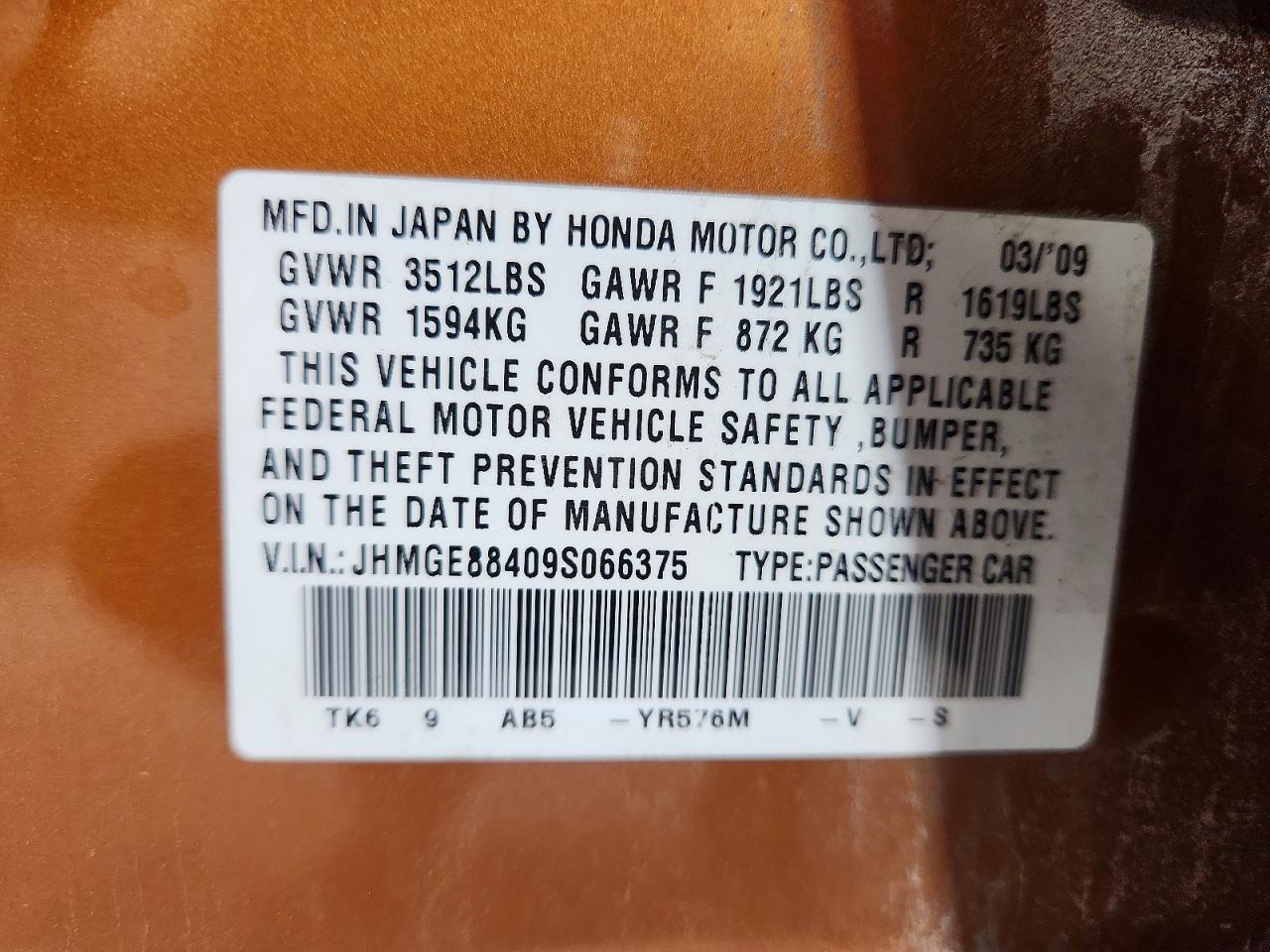 2009 Honda Fit Sport Orange vin: JHMGE88409S066375