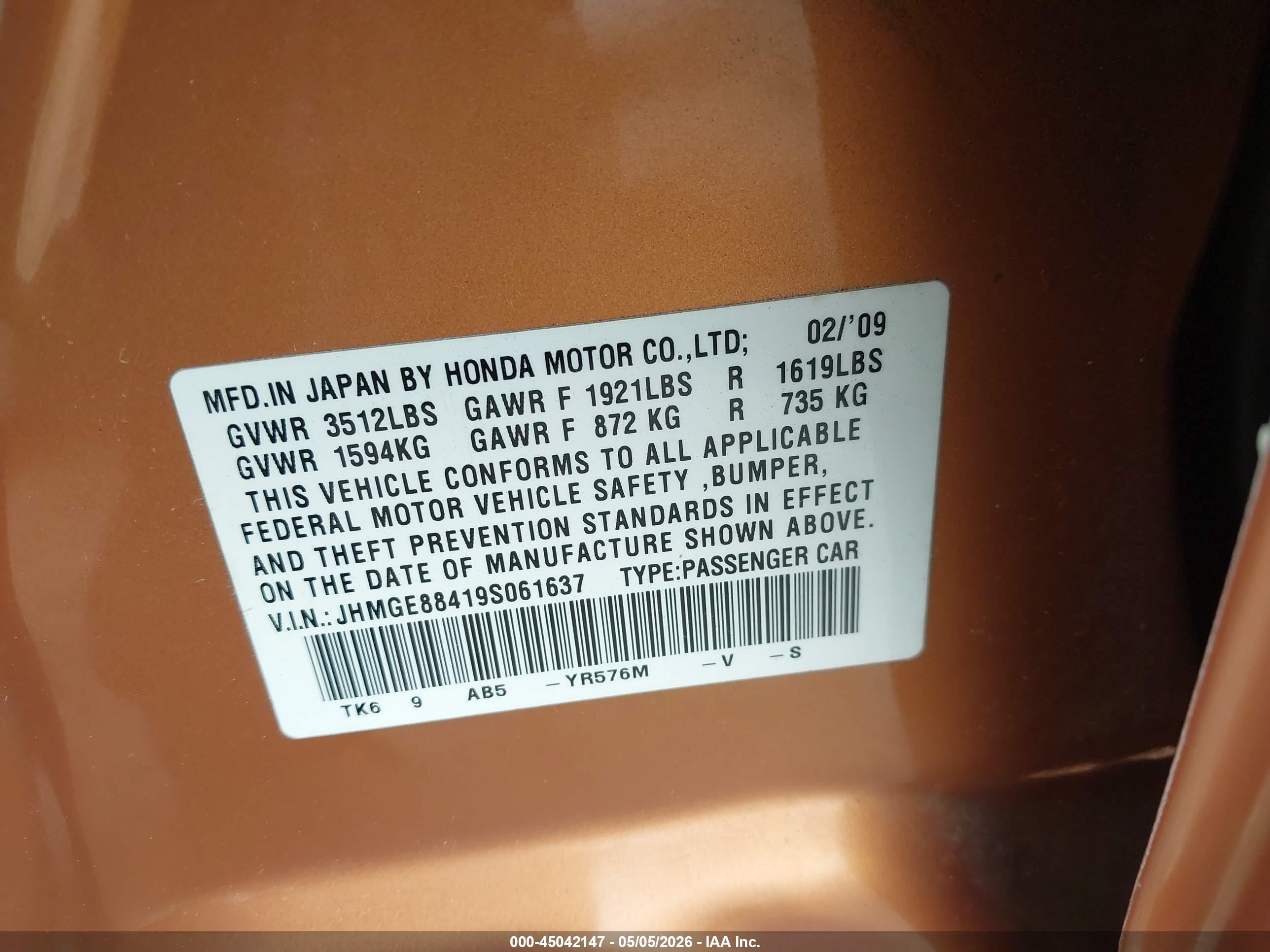 2009 Honda Fit Sport Orange vin: JHMGE88419S061637