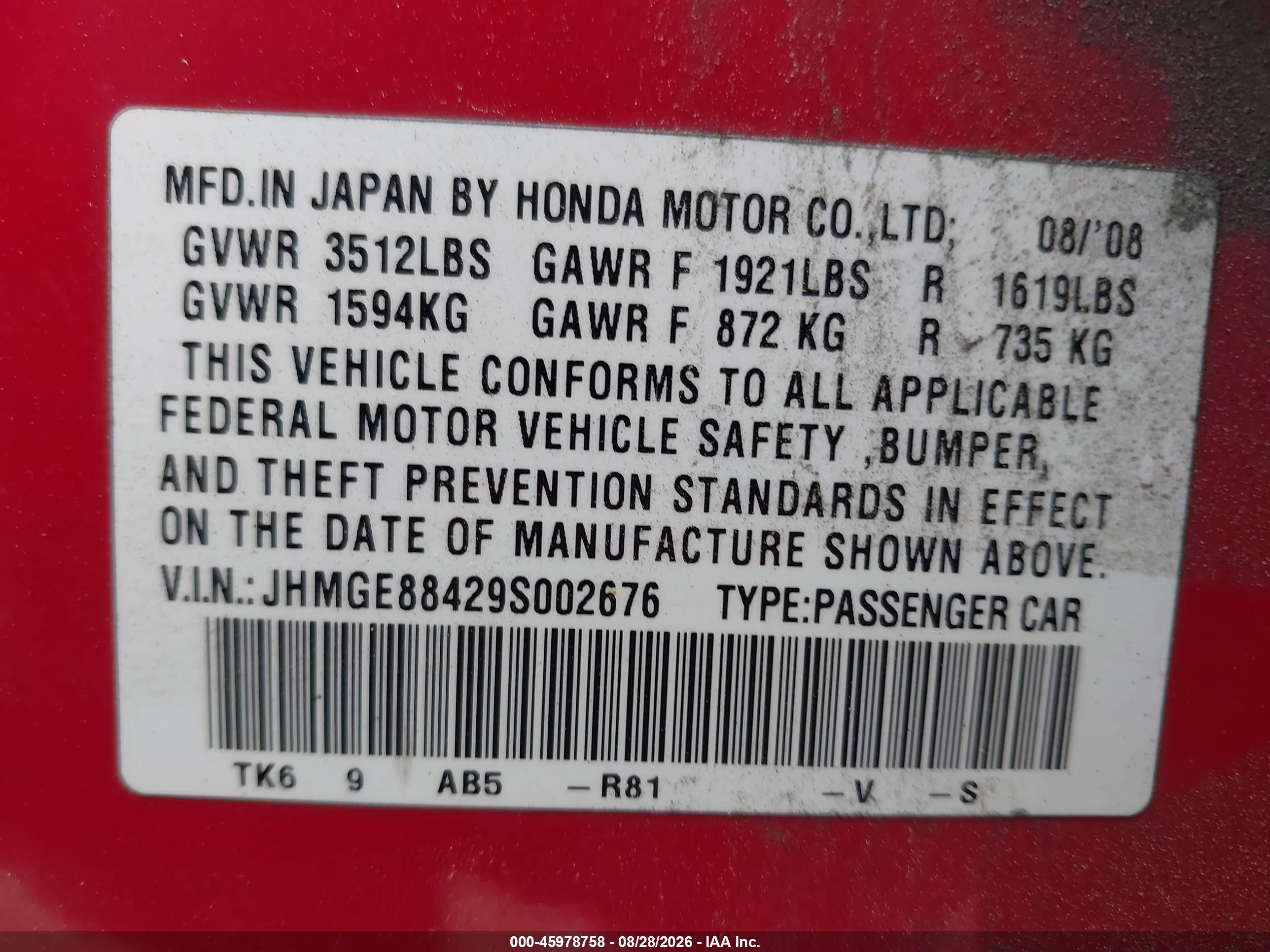 2009 Honda Fit Sport Красный vin: JHMGE88429S002676