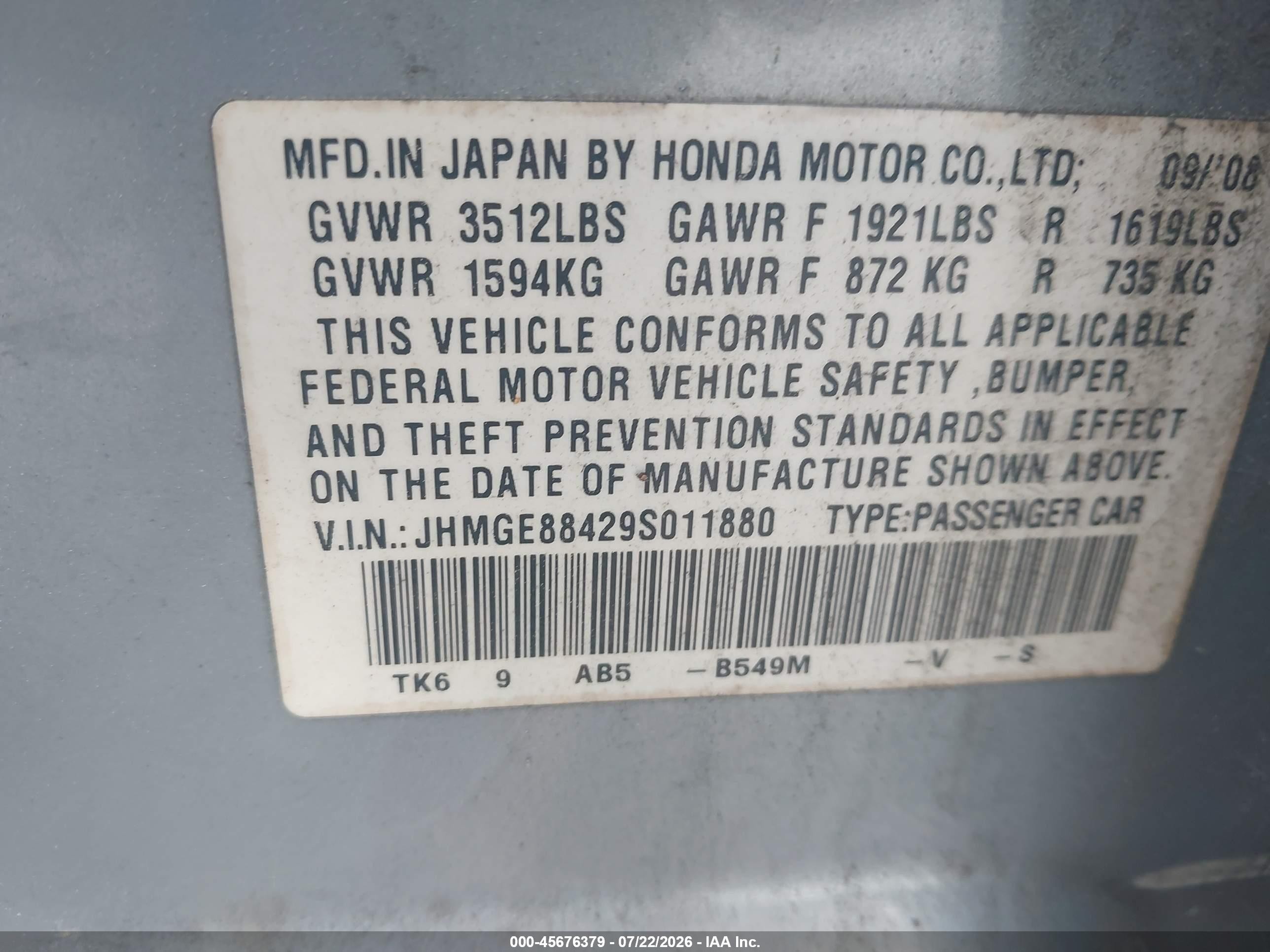 2009 Honda Fit Sport Blue vin: JHMGE88429S011880