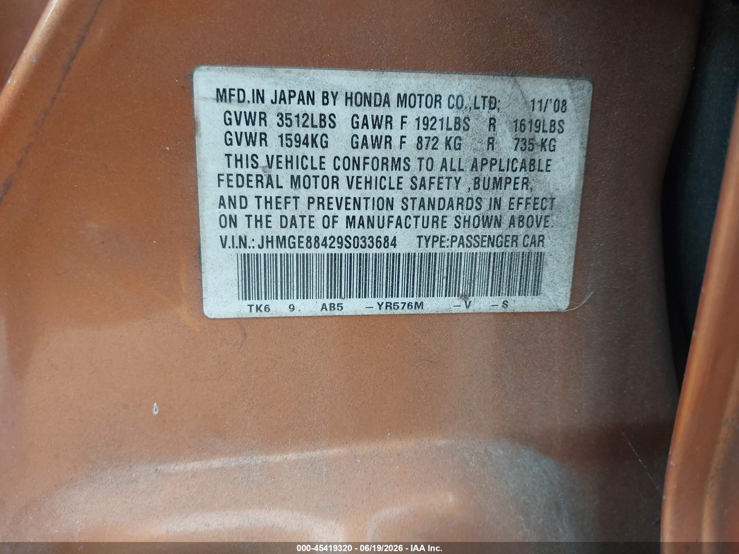 2009 Honda Fit Sport Orange vin: JHMGE88429S033684