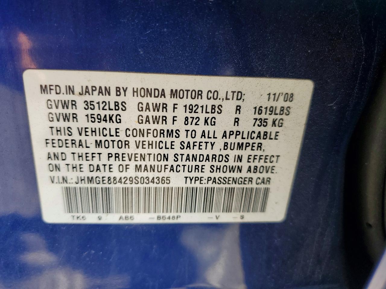 2009 Honda Fit Sport Blue vin: JHMGE88429S034365