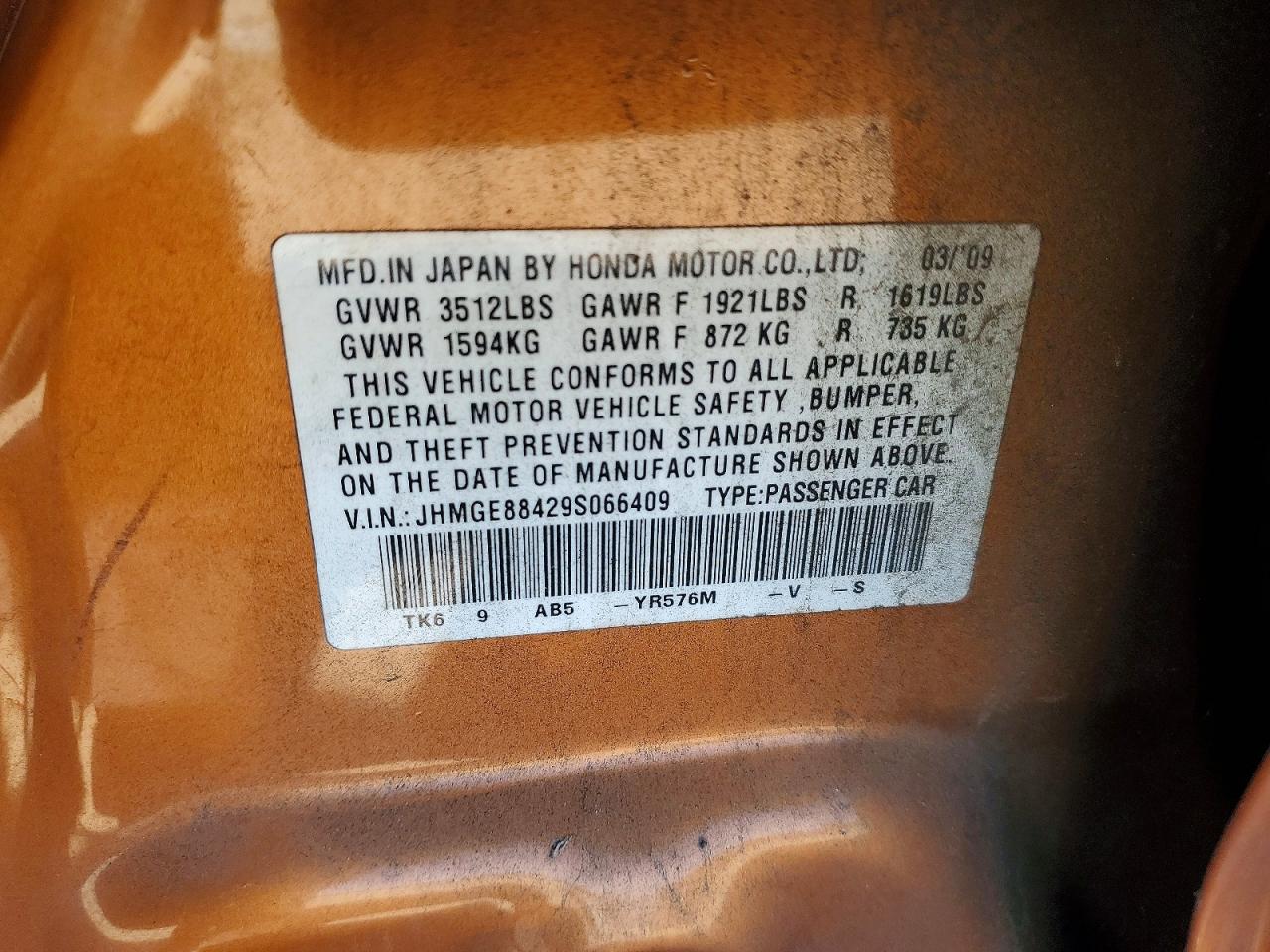 2009 Honda Fit Sport Orange vin: JHMGE88429S066409