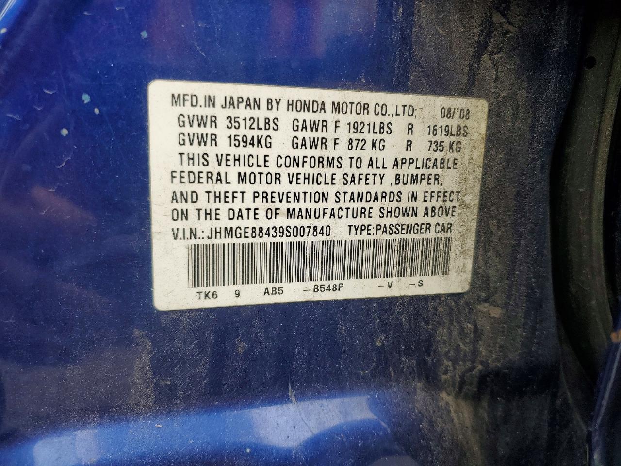 2009 Honda Fit Sport Blue vin: JHMGE88439S007840